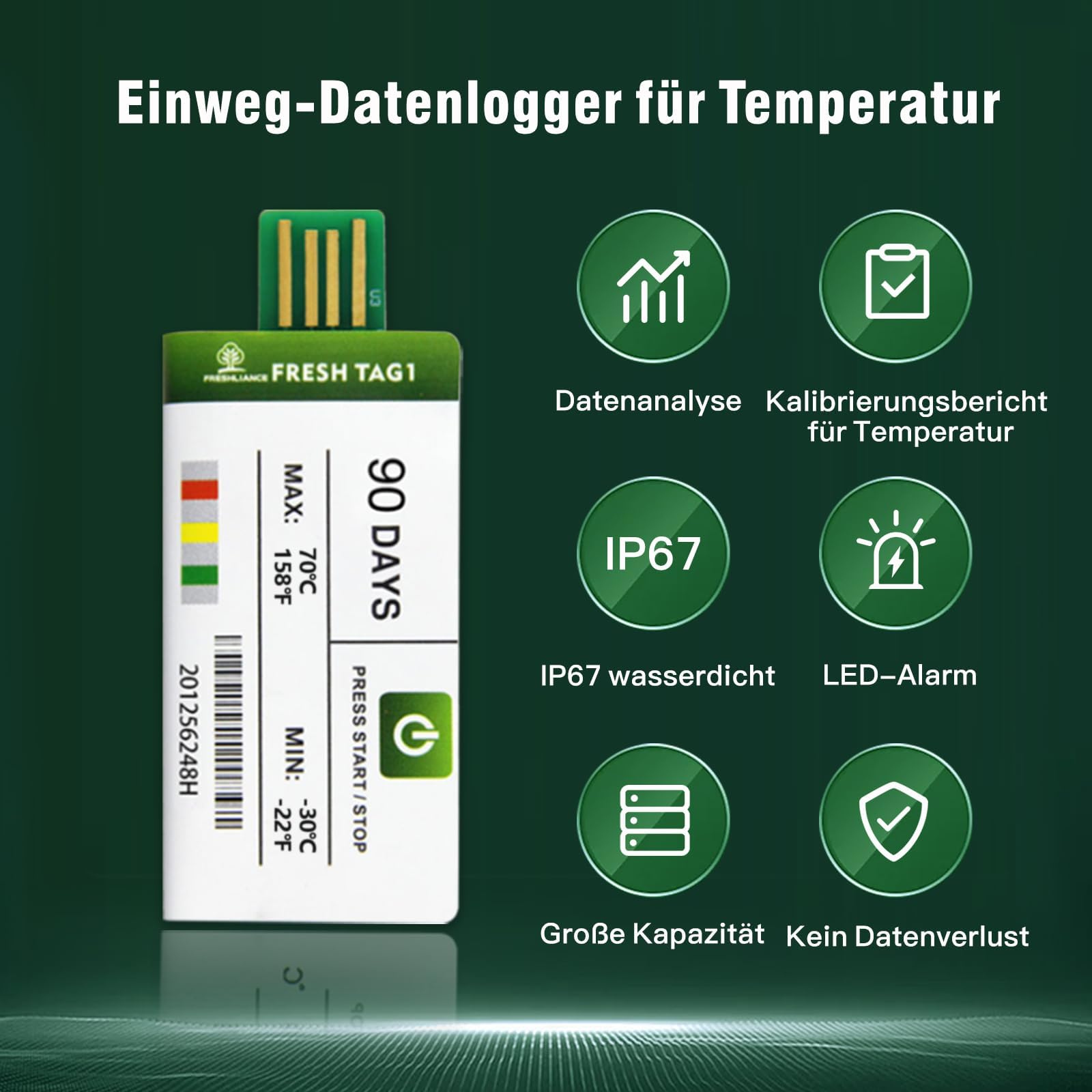 Fresh Tag 1 Freshliance Registratore di Temperatura USB 30000 Letture Alta Precisione 30 Giorni 10 Confezione