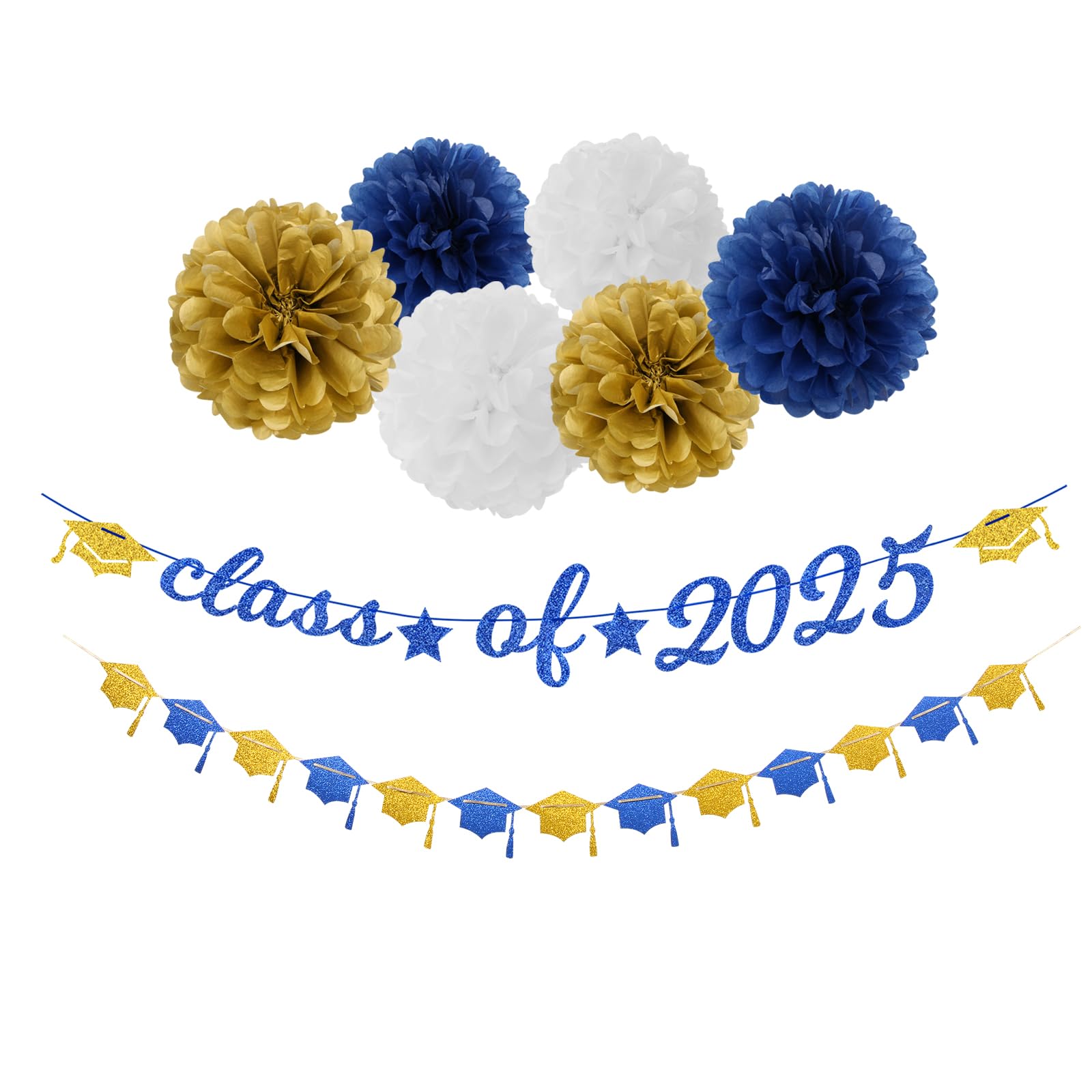 Navy-Blue White-Gold Party-Decorations Graduation Banner - 8pcs Kits Class of 2025 Cap Garland Streamers, Paper Tissue Pom Poms Flowers, Congratulations Grad Decor Lasting Surprise