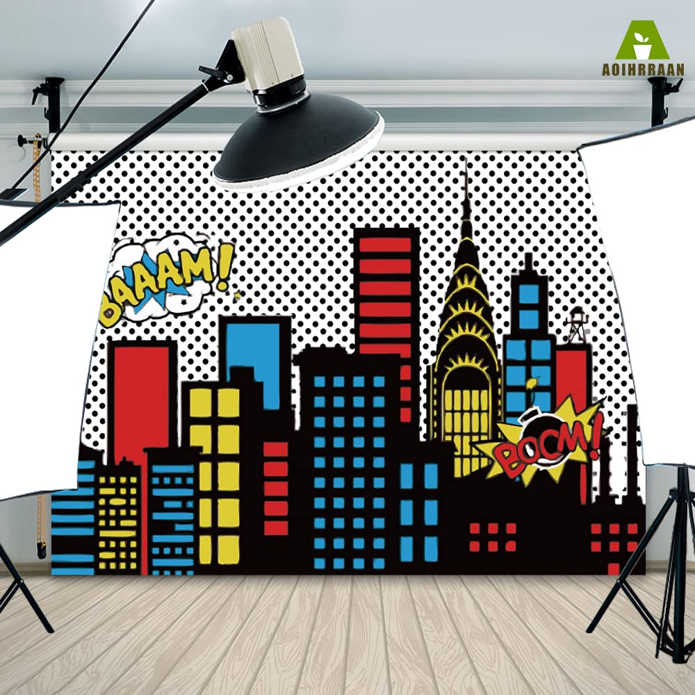 YongFoto Sfondo Fotografico In Vinile 2,2x1,5m: Boom City Con Stelle E Cartoon – Perfetto Per Festa Bambini E Baby Shower