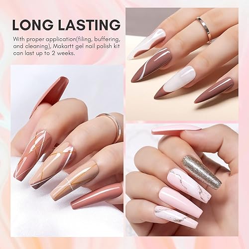 Miniatura 5 de Makartt Kit de esmalte de uñas de gel de 22 colores, color rosa, nude, con purpurina, regalo de belleza, gel de uñas de otoño con capa base