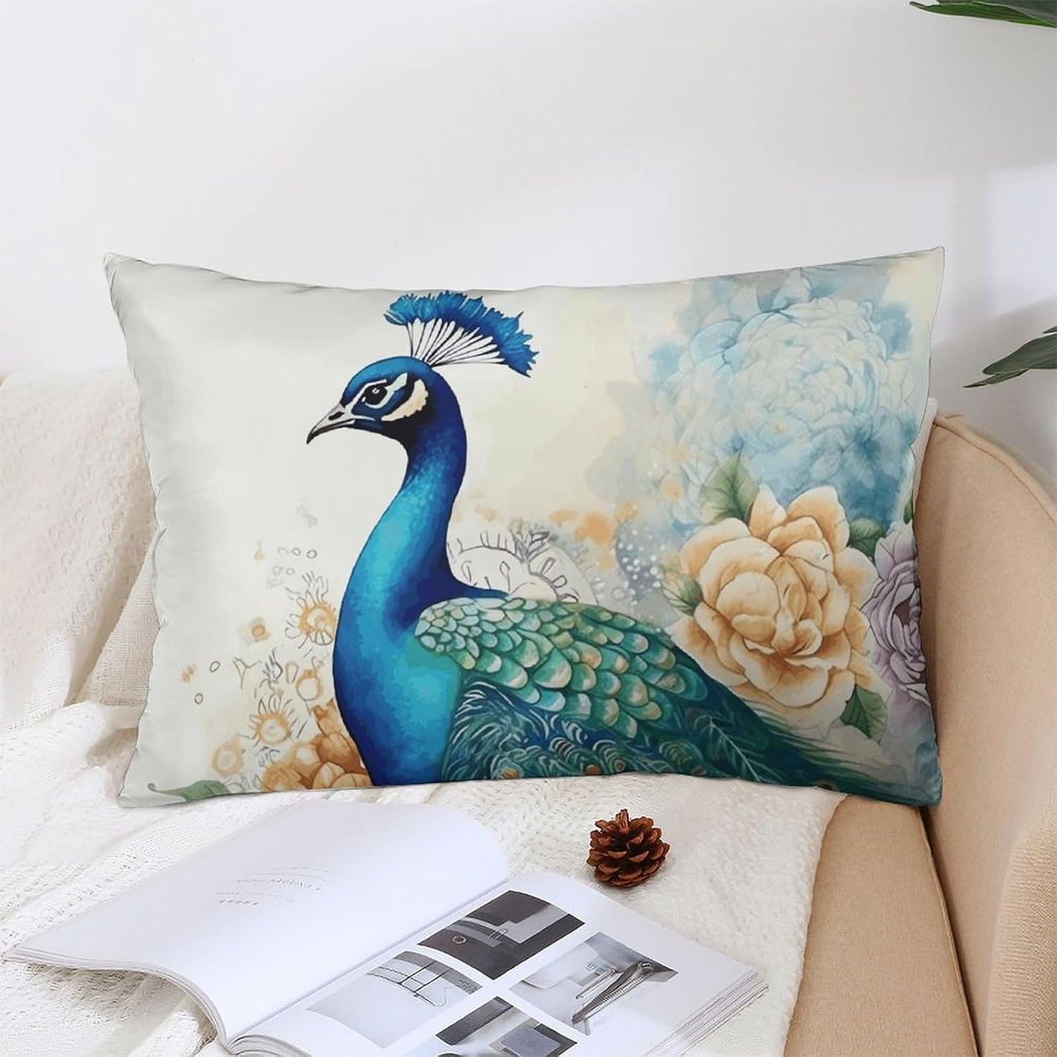 Beautiful Peacock and Floral Pillow Cases Queen Size Set of 1 Soft Comfortable Throw Pillows Covers Decorative Pillowcase with Zipper Bed Cushion Covers for Couch Sofa Bedroom 12 "x20