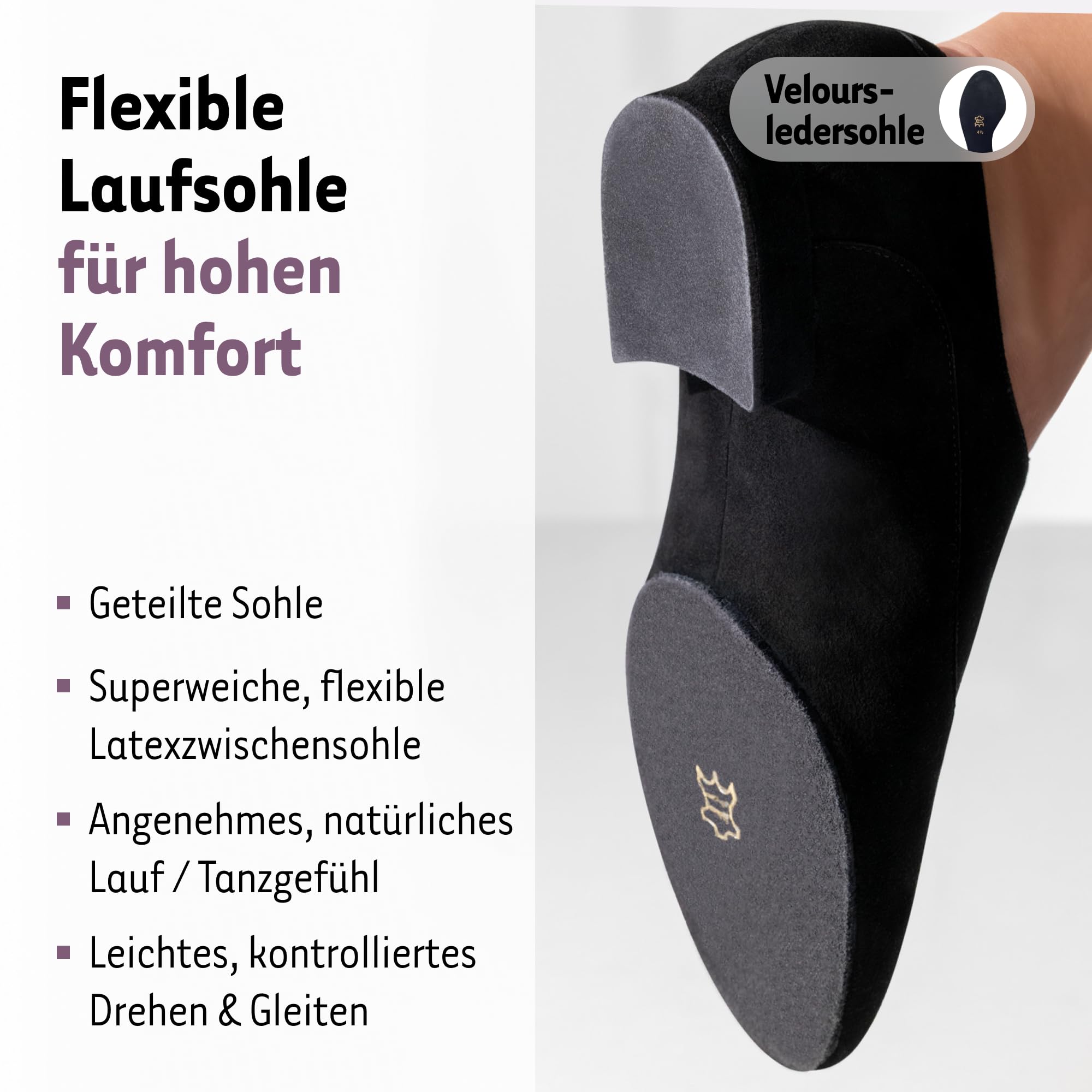 Werner Kern Tanzschuhe Damen Runa | Trainerschuhe Schwarz für Standard, Salsa & Bachata | Absatzschuh (1,5 cm) mit geteilter Sohle | Geschlossen, Veloursleder | Made in Italy | 32-43 EU