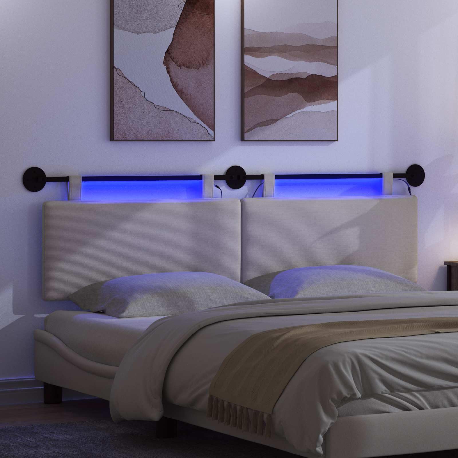 Wiszący zagłówek z kremowego materiału sztruksowego z oświetleniem LED, 170 x 55 cm, miękka tapicerka, montaż na ścianie, wszechstronne jako oparcie i narzuta na łóżko do sypialni, pokoju
