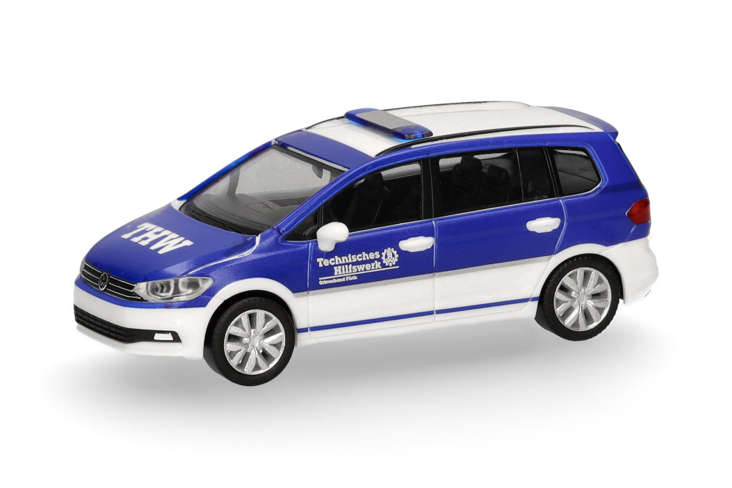 Herpa car model VW Touran “THW Fürth”, on a scale of 1:87, plastic miniature, made in Germany, collectors edition