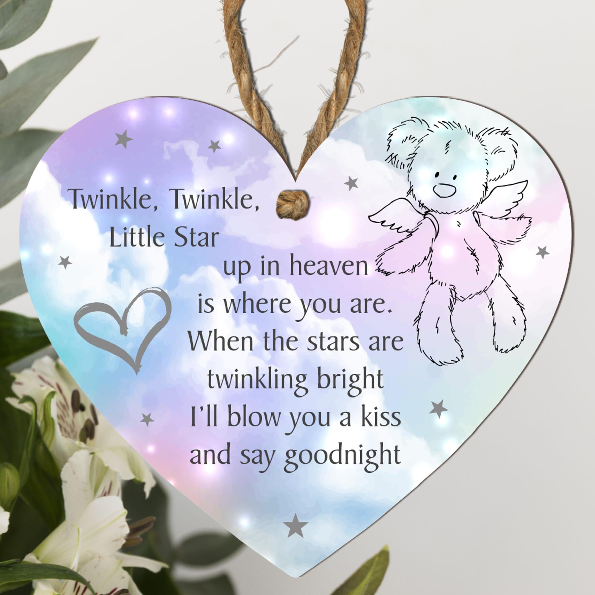 Baby Memorial Plaque - Twinkle Twinkle Little Star Keepsake | Custom Colour Options: Grey, Beige, Blue, Pink Snowflakes, Multicoloured | Angel Teddy Bear (Multi, Medium: 15 cm (H) × 13 cm (W)) — image 1