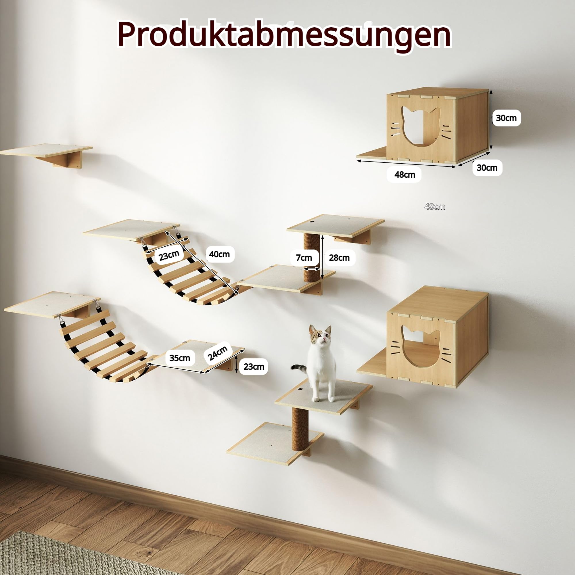 12-teiliges Katzenregal-Set, Wandmontiertes Katzenspielzeug-Set mit Katzenbrücke und Kratzbaum, Großer Wandmontierter Kletterbaum-Aktivitätszentrum für Katzen, Kletterwand für Wohnungskatzen zum Schla
