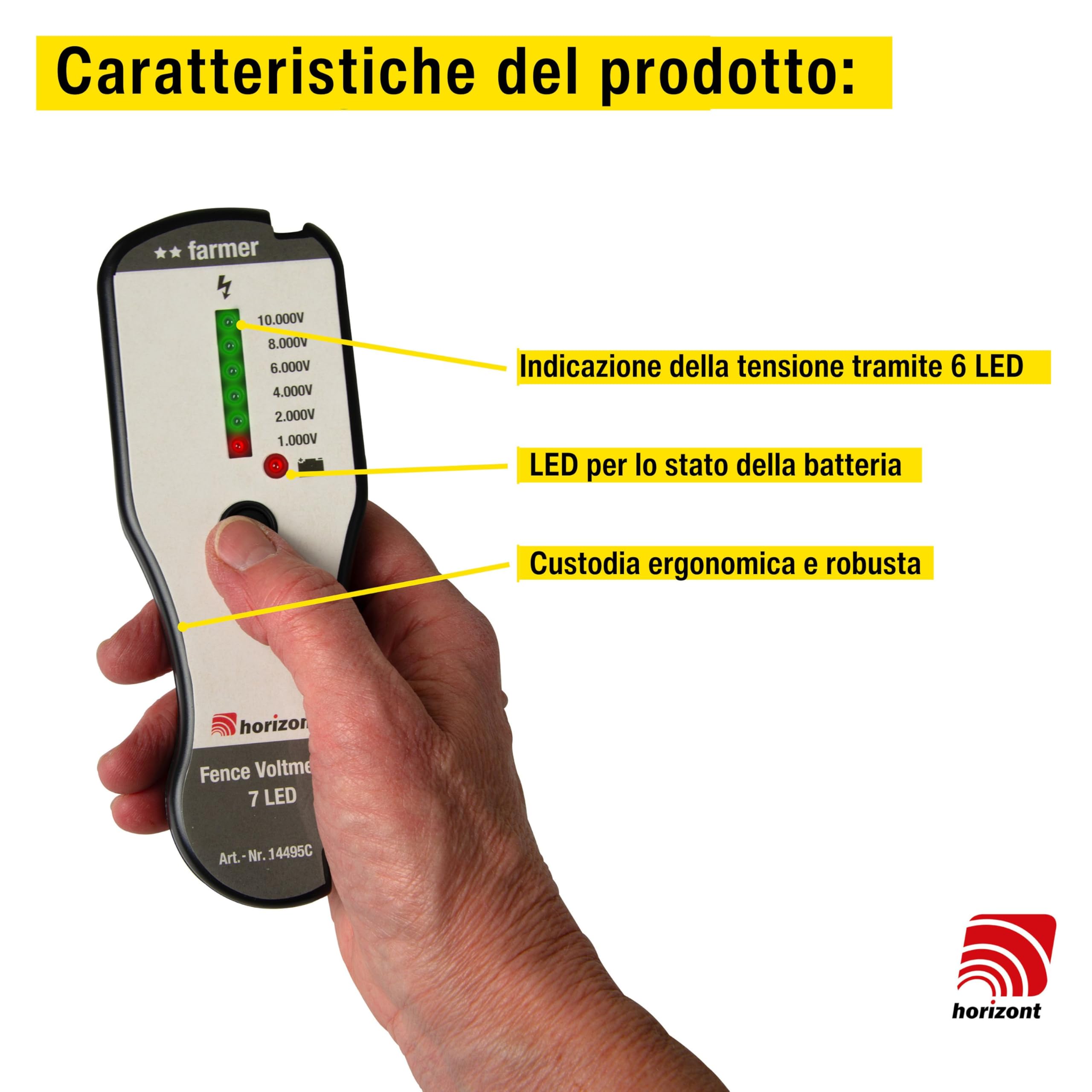Tester recinzioni Horizont Farmer senza spik a terra, 1000-10.000 V, batteria, display LED a 6 stadi, spia indicatore batteria, recinzione per recinzione per tester recinzioni