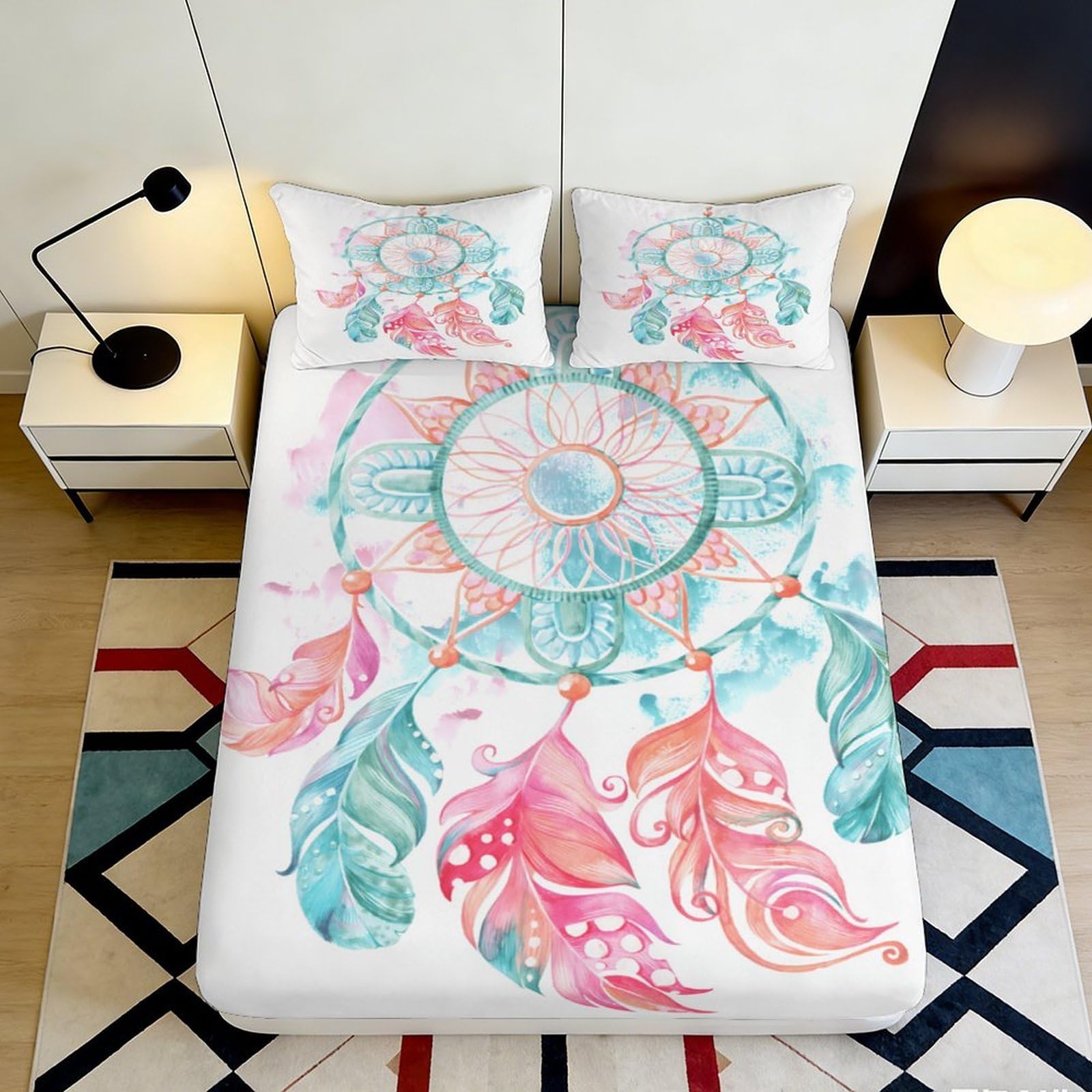 3D Printed Dreamcatcher Fitted Sheet Microfiber Soft Pastel Feather Bed Cover for Bedroom Guest Room Decor 90x200x25cm