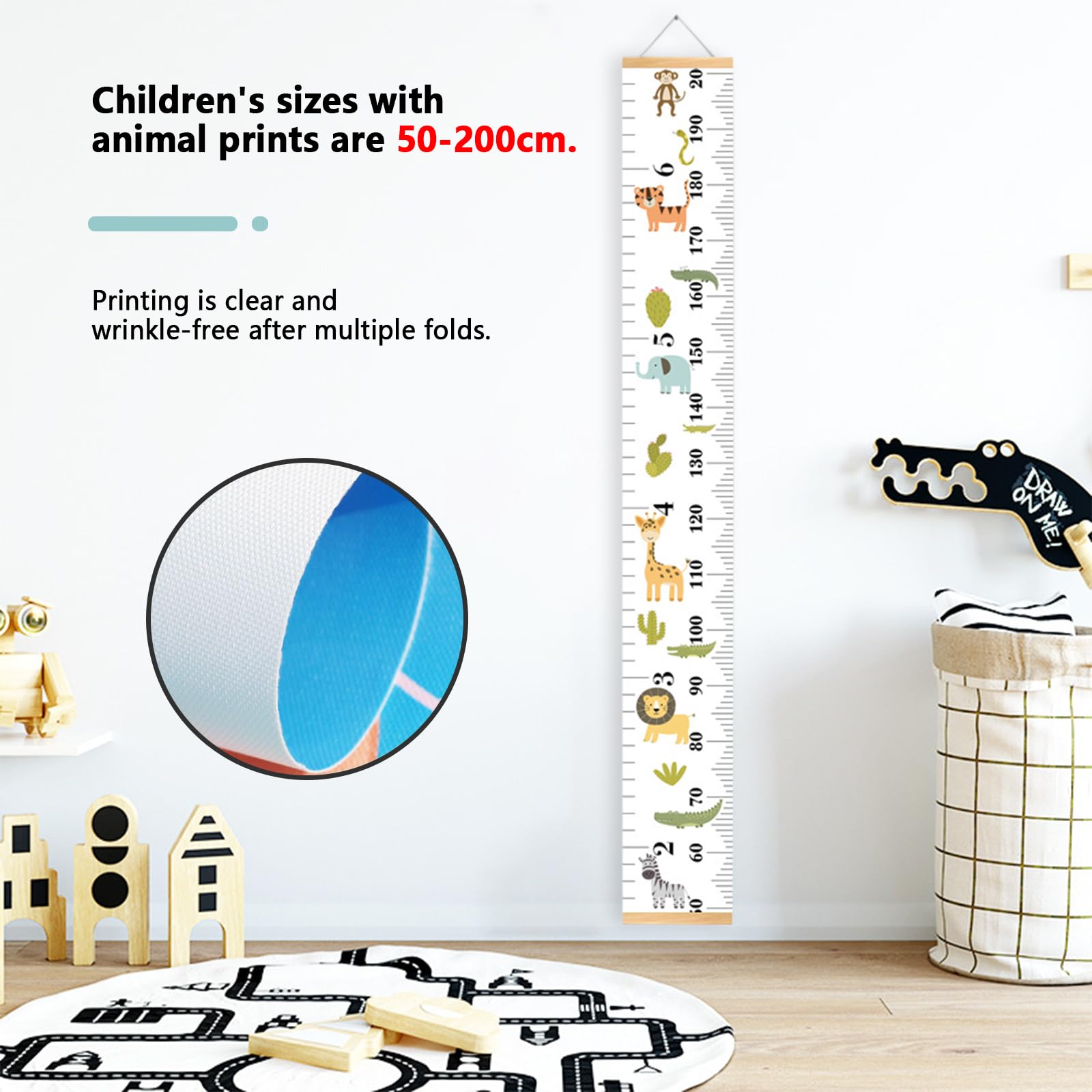 Toise Murale Enfant 195cm - Décoration Chambre Avec Animaux - Mesure Croissance Bébé - Toile Huilée