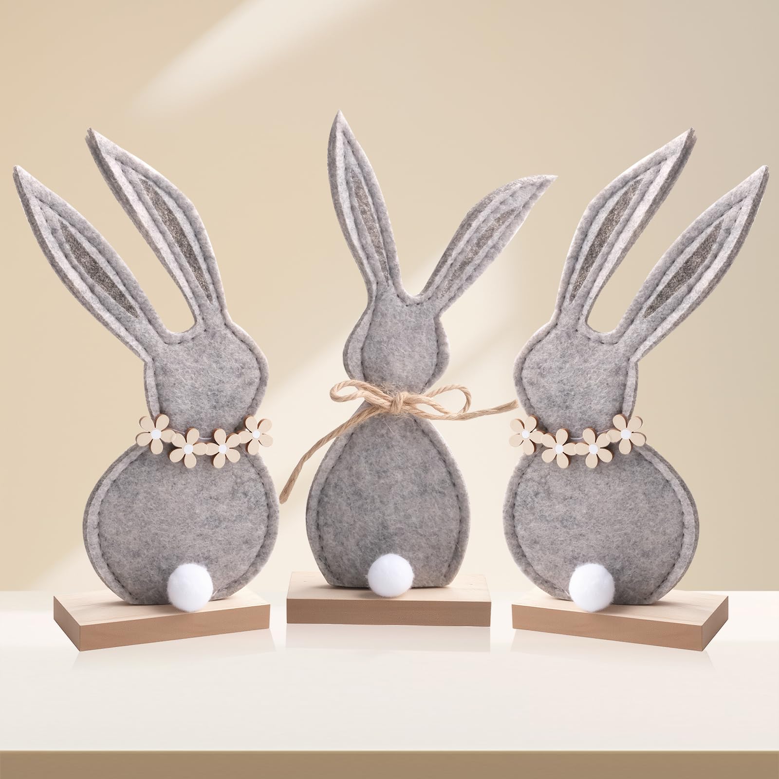 Kuvarix Easter Bunny Decoration Felt, 3 Stück Osterhasen Deko Aufsteller, Osterhase Figuren aus Holz und Filz, Osterdeko zum Hinstellen, Osterdekoration für Innen, Tisch, Wohnzimmer & Osterparty