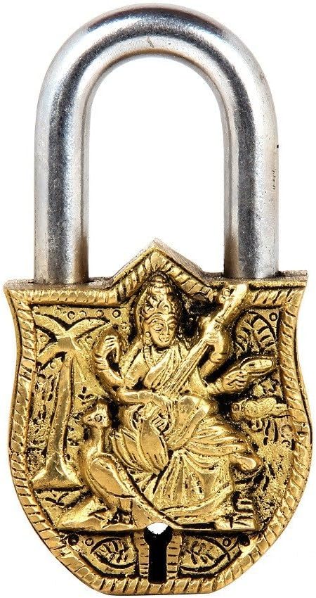 Purpledip Handmade Brass Vintage Padlock: Saraswati, Hindu Goddess of Knowledge, Music & Arts (10008)