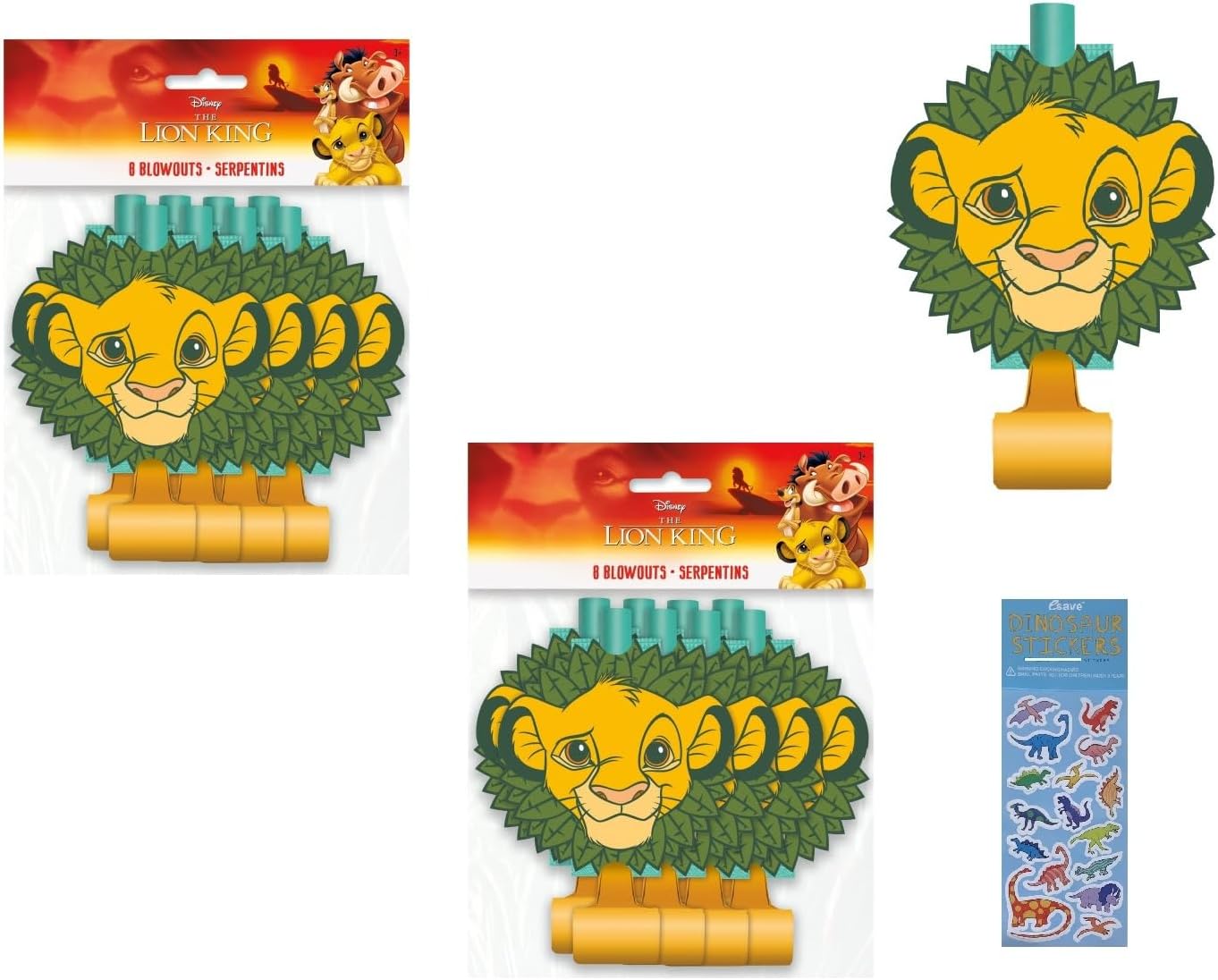 Unique Lion King Birthday Party Supply Decoration Favor Bundle Pack includes 16 Party Blowouts and 1 Dinosaur Sticker Sheet
