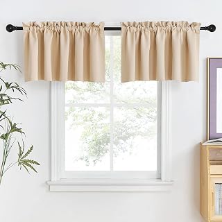NICETOWN Blackout Short Curtains for Basement Farmhouse Rustic Energy Saving Double Rod Pocket Adjustable Window Valances for Small Window, 2 Pieces, 52" W by 18" L + 1.6" Header, Biscotti Beige