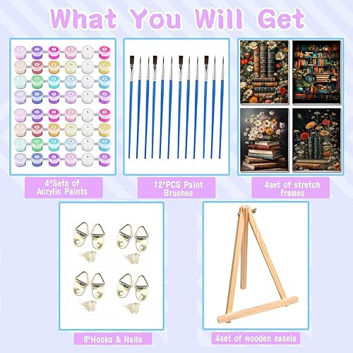 Vista 31 de VIGEGU Paquete de 4 pinturas por números para adultos, lienzo enmarcado, con caballete de madera, pintura por números para niños de 8 a 12 años