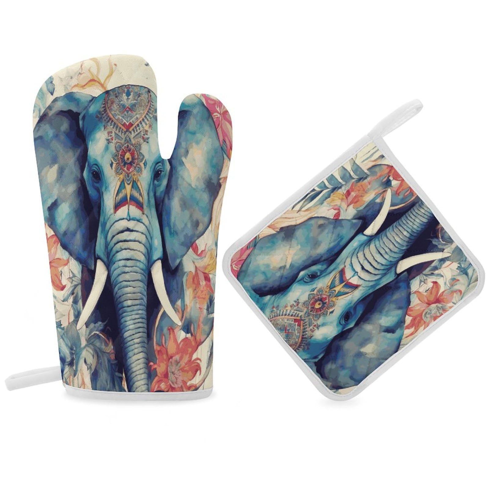 Peacock Feathers Elephant Oven Mitt Thick Substantial Heat Insulation Gloves Soft Skin-Friendly Temperature Resistant Oven Mitts for Cooking Lover Cooks