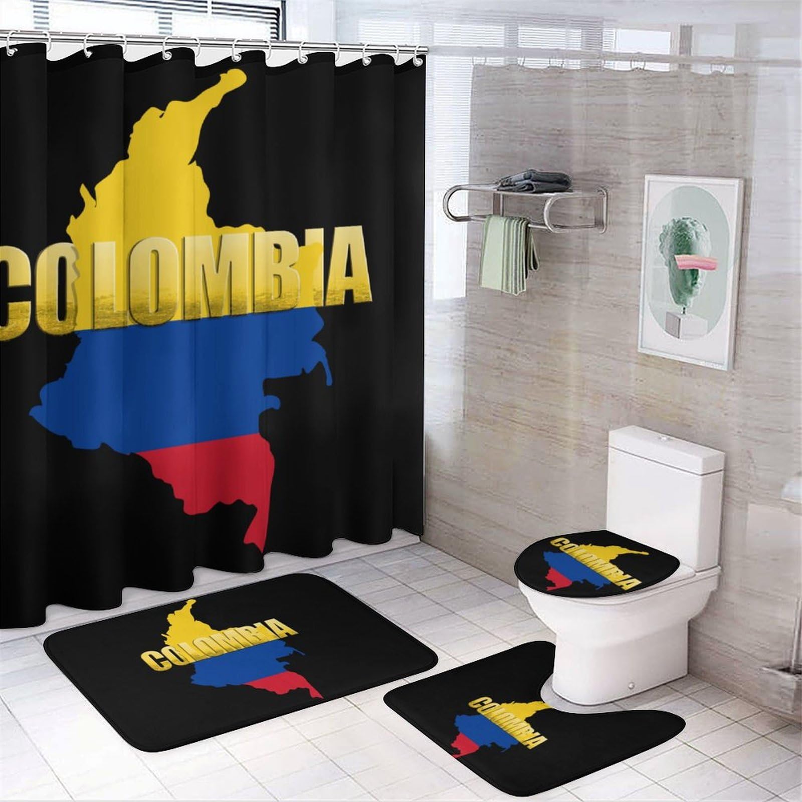 CGSBNGHA Colombia Flag Map Shower Curtain Set 4 Piece Bathroom Sets with Rugs Toilet Lid Cover And U-Shaped Floor Mat