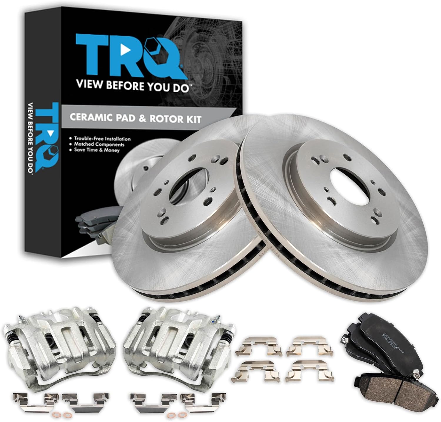 TRQ Front Brake Pad & Rotor Kit Brake Caliper Brake Pads Brake Rotor Ceramic Compatible with 2007-2012 Acura RDX 2010-2011 Honda Accord Crosstour 2007-2011 CR-V