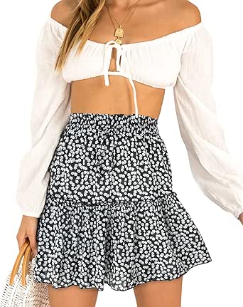 Alelly Women's Summer Cute High Waist Ruffle Skirt Floral Print Swing Beach Mini Skirt