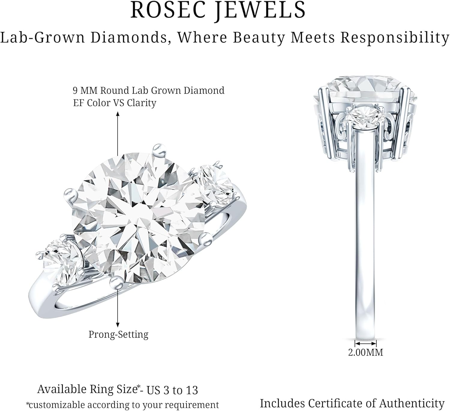 IGI Certified Lab Grown Diamond 3 Stone Ring, E-Vs1 Quality, Past Present Future Ring - Jewelry for Special Occasions