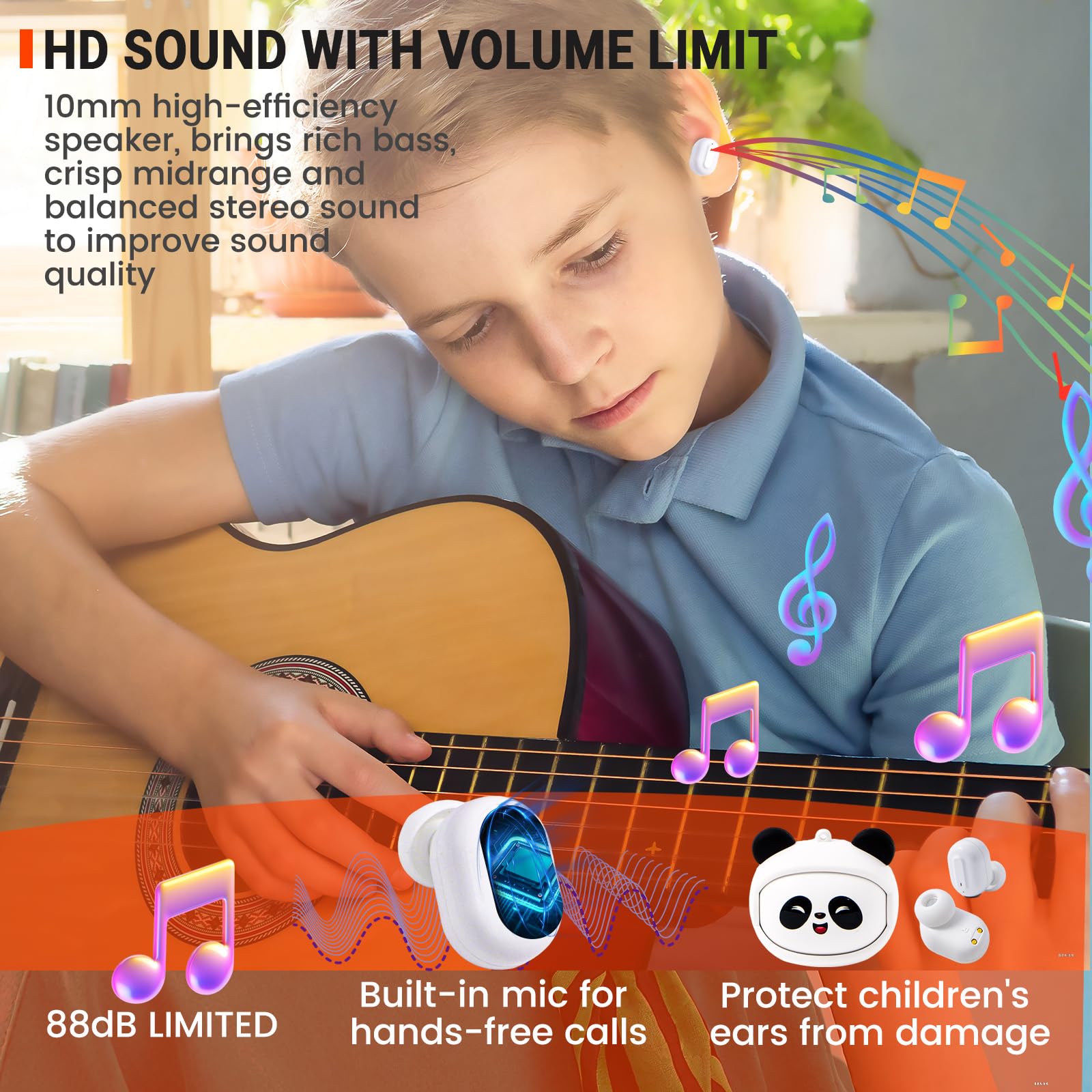 Auriculares inalámbricos para niños con funda giratoria Panda, auriculares inalámbricos Bluetooth para niños, auriculares para niños con micrófono, volumen seguro de 88 dB, auriculares