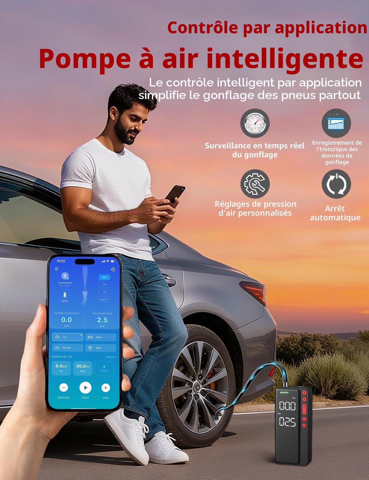 Demkia Gonfleur Pneus Voiture sans Fil, 10000mAh Mini Compresseur à Air Portatif, Portatif Gonfleur Electrique, 150 PSI avec Écran Numérique et Éclairage LED pour Vélo, Voiture, Moto, Ballon