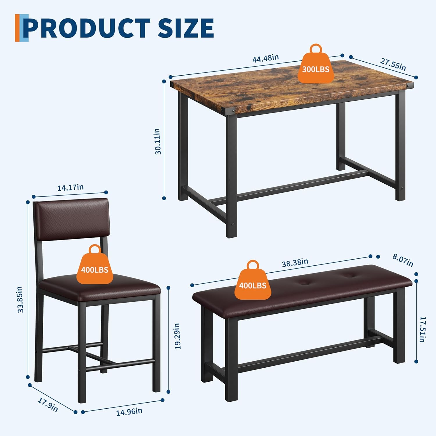 Set for 4 Dining Table Kitchen Table & 2 Upholstered Chairs &1 Bench Wooden Home - Picture 12 of 36