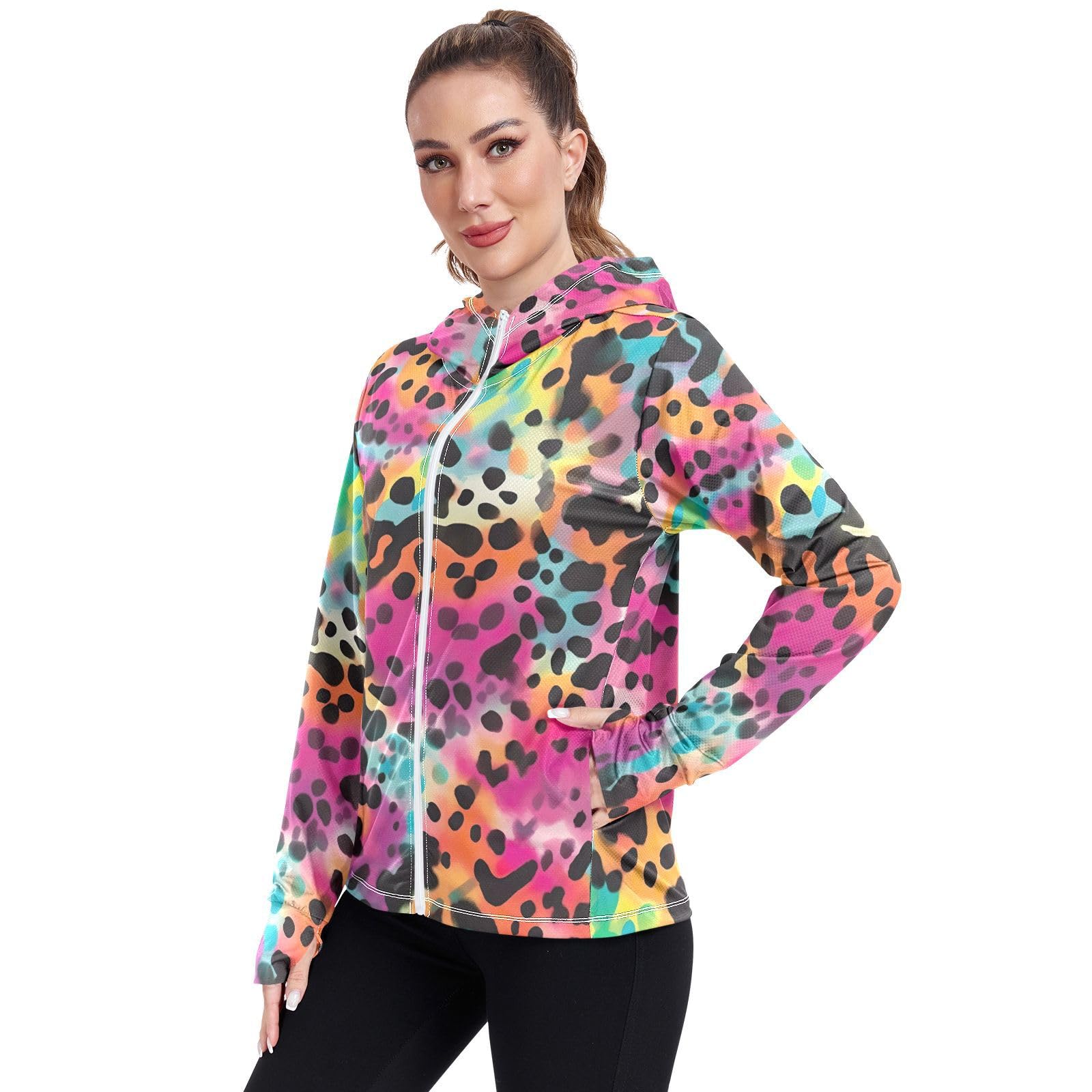 UMIRIKO Colorful Leopard Print Pattern Women's UPF 50+ Sun Protection Jacket Hoodie Rash Guard Shirt with Pockets M 202a3505