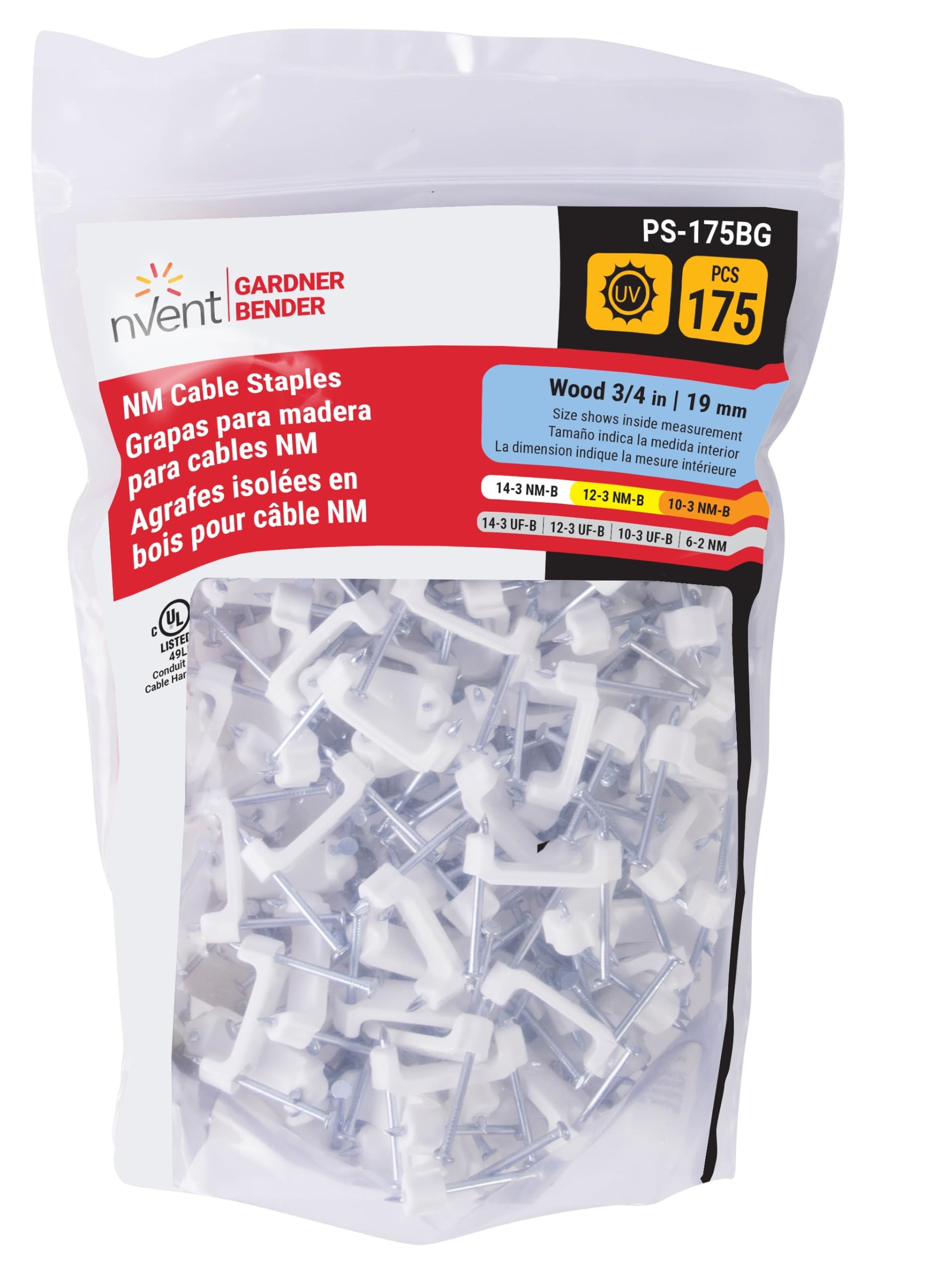 Gardner Bender PS-175BG Plastic Electrical Cable Staples, ¾ inch, Secures Romex, UF and NM, 175 pk, White — Amazon image 3