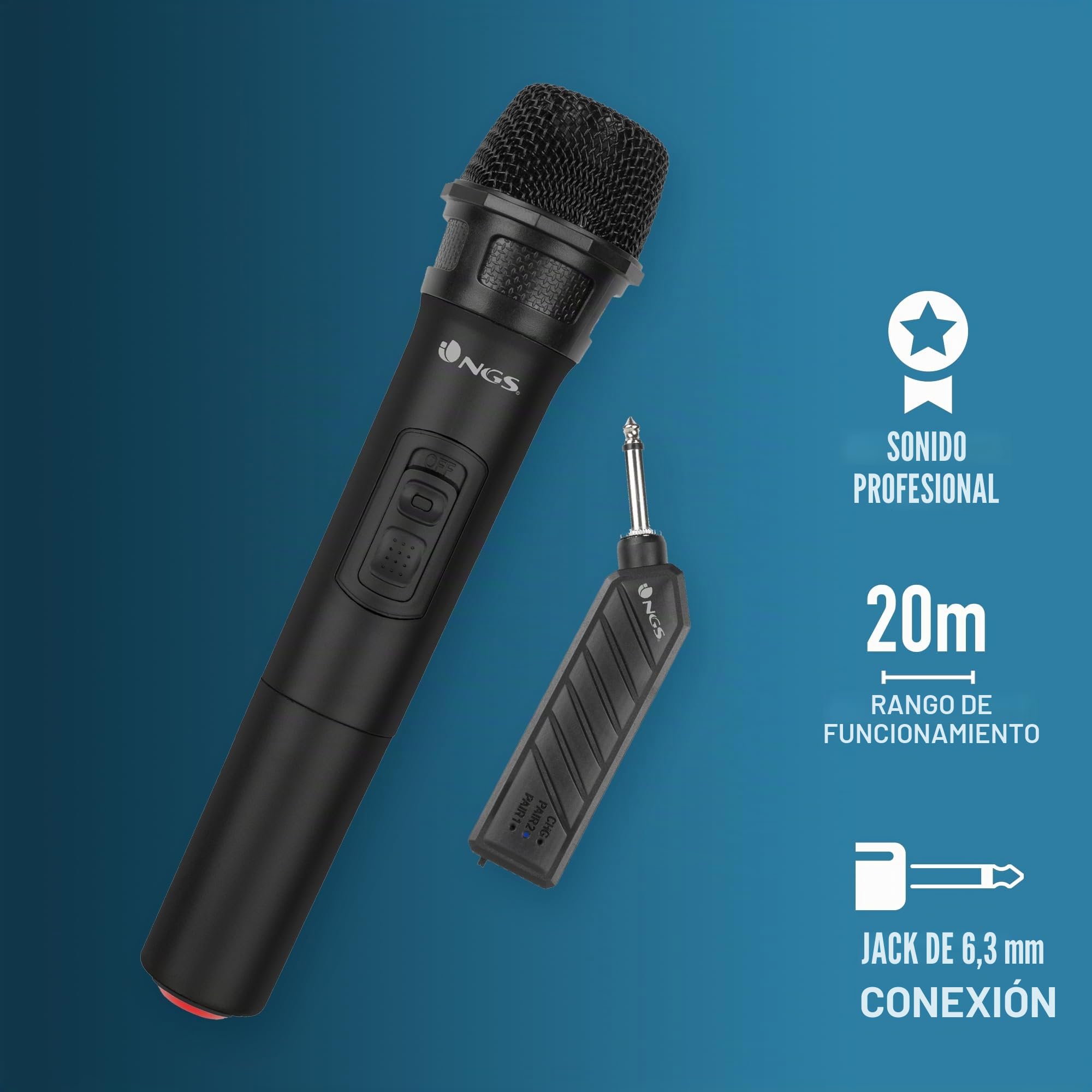 NGS Singer Air - Micrófono Inalámbrico Vocal Dinámico, Alcance de 20 Metros y Plug&Play