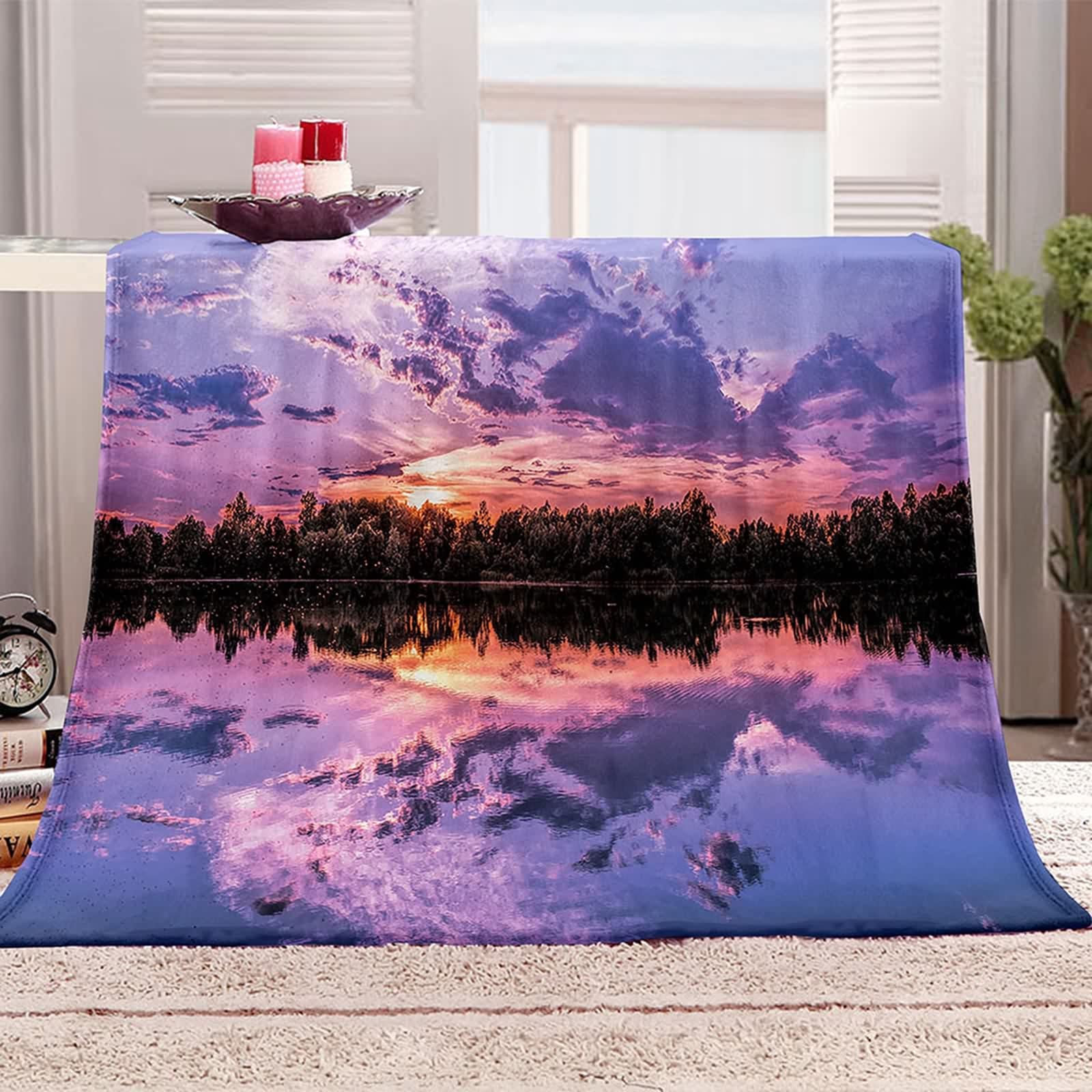 Daesar Natale Coperta Pile Fantasia, Coperte Flanella Singolo/Matrimoniale Divano/Letto Viola Chiaro Arancione Motivo Alberi e Lago Coperta Calda e Morbida, 150x200cm