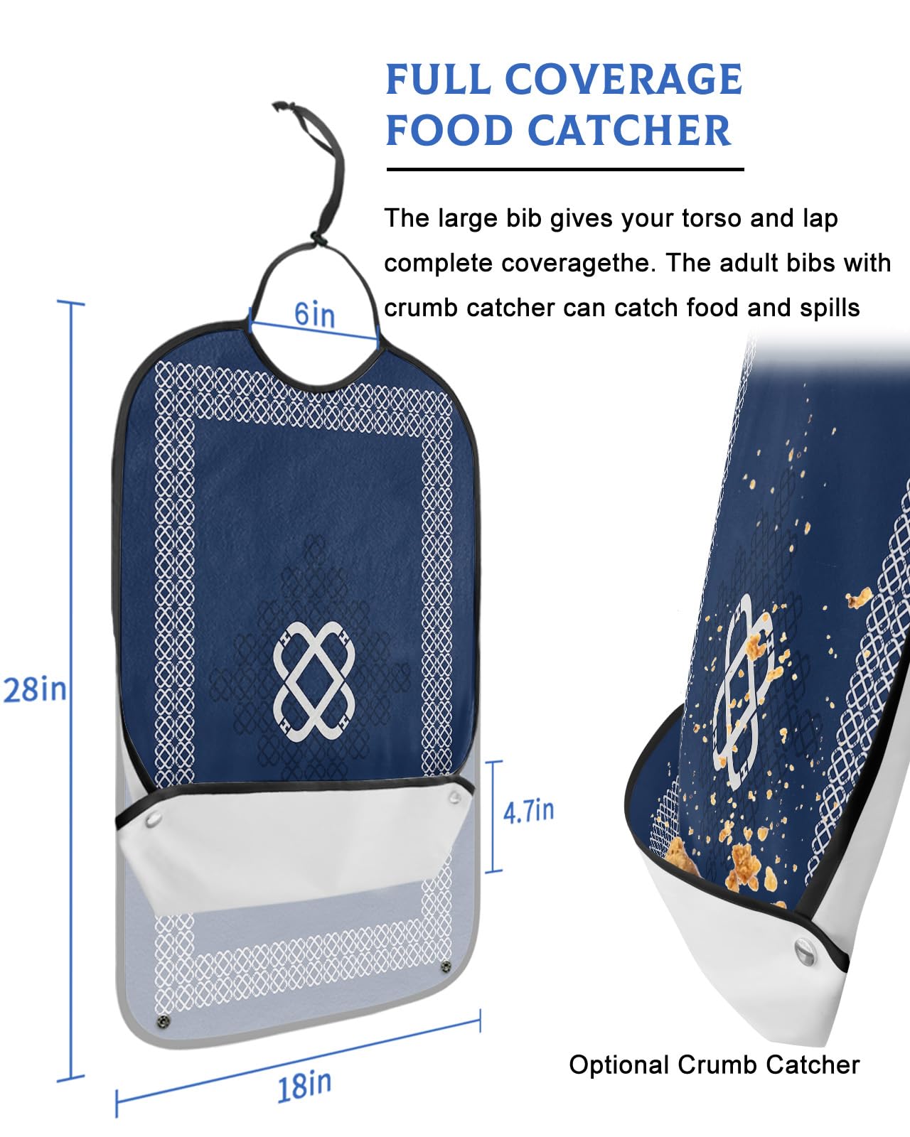 LEOKOTI Navy Blue Adult Bibs for Eating, Waterproof Bibs with Food Catcher & Adjustable Snap Closure, Modern White Abstract Art Washable Clothing Protectors Adult Bibs for Elderly Women/Men