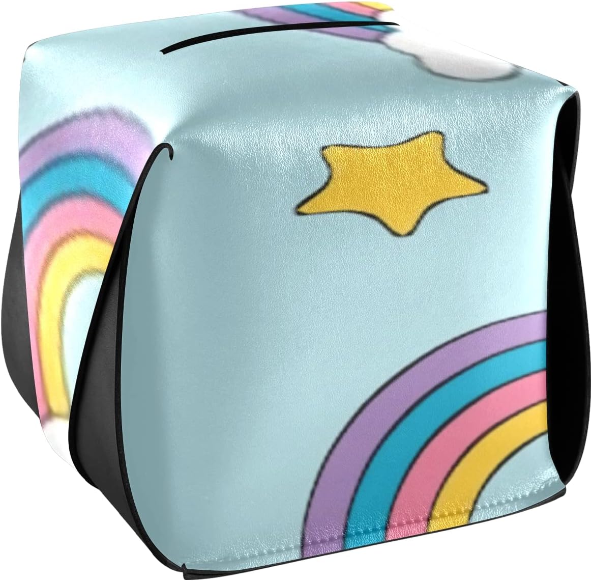 Tissue Box Cover,Modern Pu Leather Pastel Rainbow Starson Square Tissue Box Holder Decorative Holder Organizer for Bathroom Coffee Table Dresser Night Stands Office End Tables & Car 5.7" *5.7" *5.7"