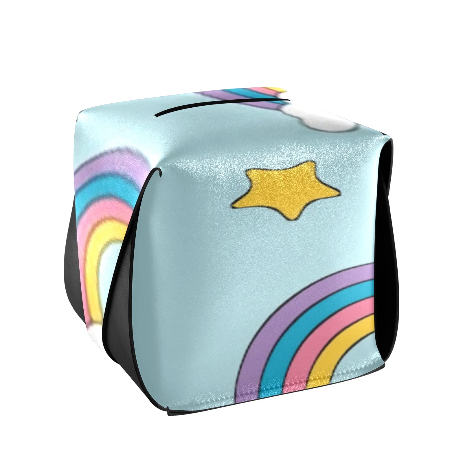 Tissue Box Cover,Modern Pu Leather Pastel Rainbow Starson Square Tissue Box Holder Decorative Holder Organizer for Bathroom Coffee Table Dresser Night Stands Office End Tables & Car 5.7" *5.7" *5.7"