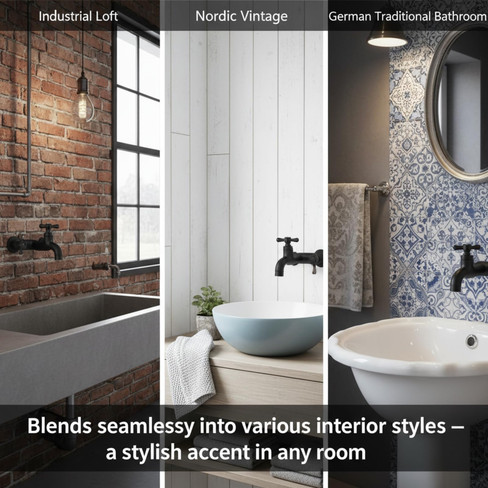 Robinet Vintage pour Eau Froide, Robinet de Vadrouille à Poignée Croisée Mural pour Lavabo Salle de Bain, Robinet Exterieur Jardin avec Monocommande Interface G1/2, Noir