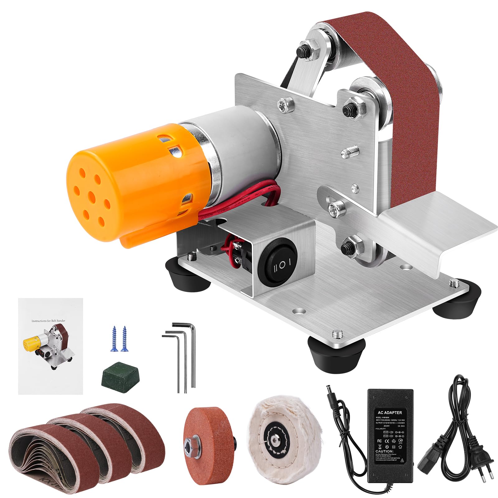 Lijadora de Banda Pulidora Ajustable, Mini Lijadora de Banda Eléctrica, con 30 bandas de lijado de 330 x 30 mm (P120/320/600/800/1000), Pulidora Ajustable de 7 Velocidades para Metal, Madera
