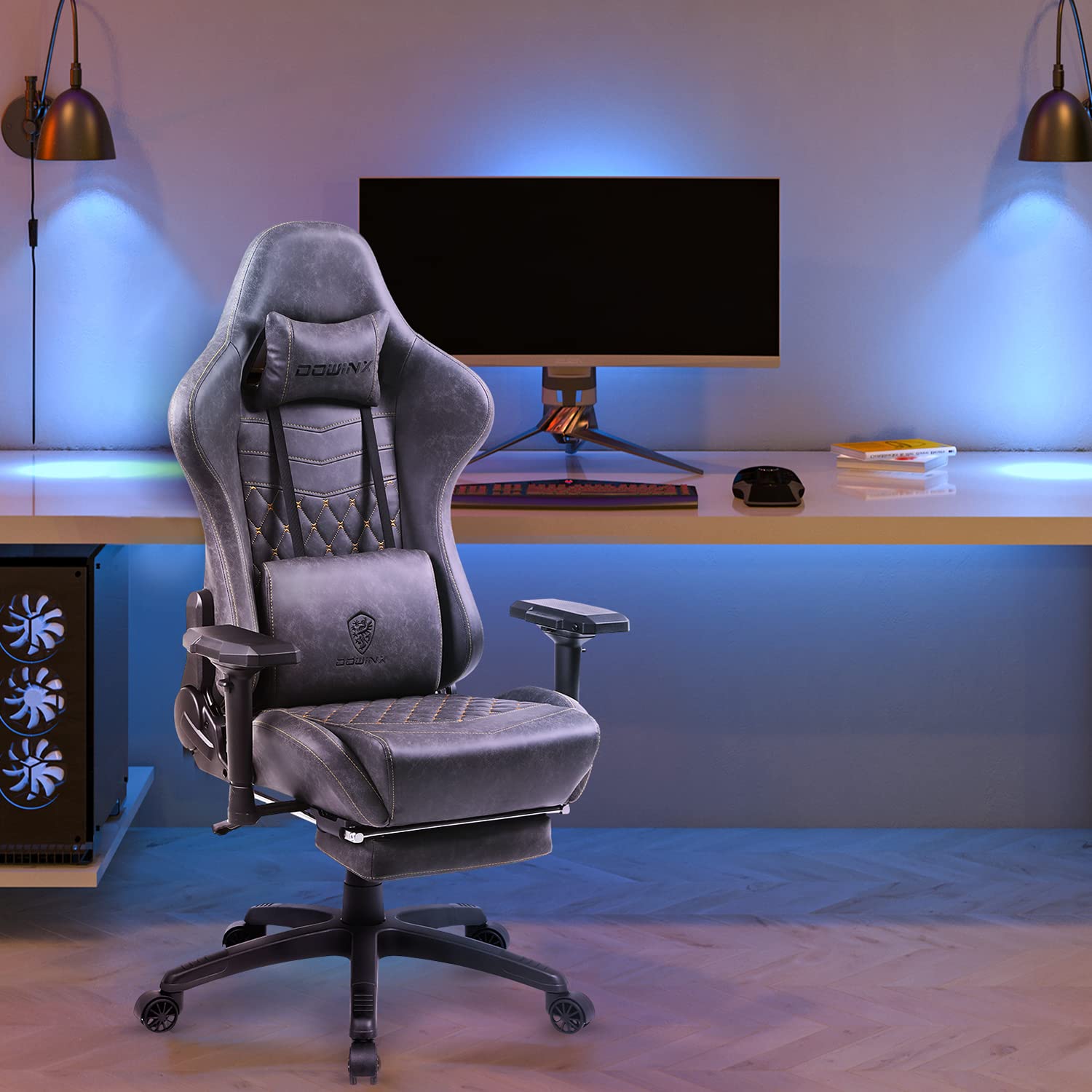 Dowinx Sedia da gioco ergonomica reclinabile in stile racing con supporto lombare massaggiante, braccioli 4D, sedia per computer in pelle PU con poggiapiedi retrattile grigio