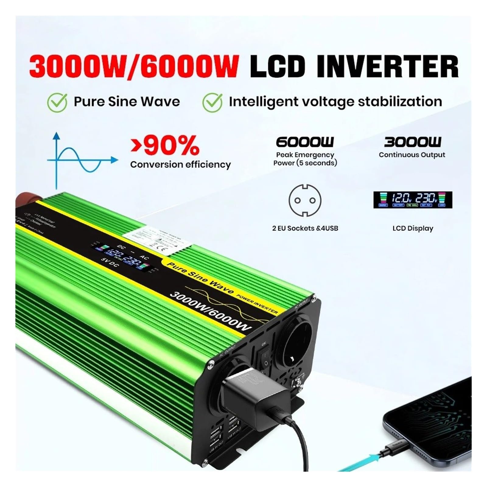 Invertitore Potenza Invertitore Di Potenza LCD Inverter A Onda Sinusoidale Pura DC12V AC 110V/220V Professionali Per Sistemi Generazione Energia Domestica Inverter(DC24V,110-120V US,8000W peak)
