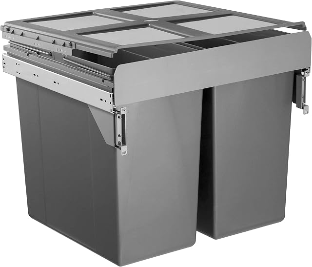 Handle & Home 600mm 90L Dark Grey Side Mounted Soft Close 2 x 45L Bin | Pull Out | Kitchen Waste/Recycling Bin