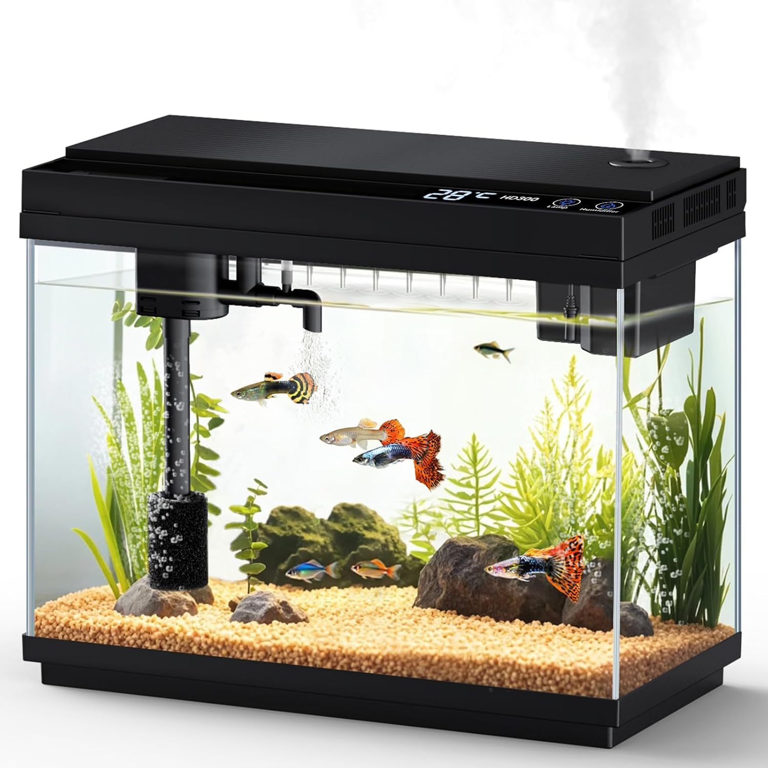 fishkeeper Nano acquario da 9 l, set completo 4 in 1, mini acquario con LED, pompa autopulente e filtro, piccolo acquario completo con aromaterapia, indicatore di temperatura, timer