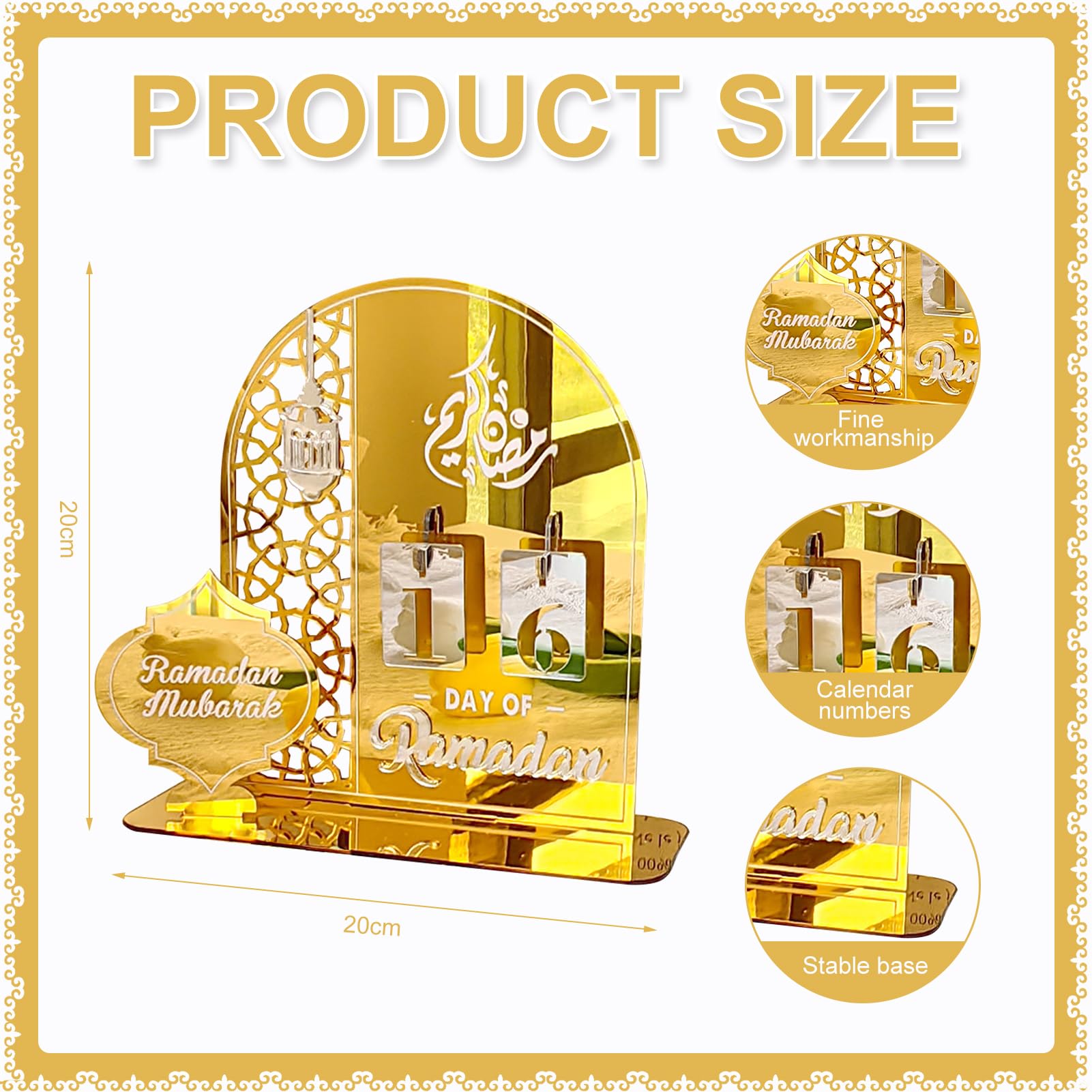 DPKOW Goldener Ramadan Kalender 2026 aus Acryl, Halbmond Moschee Ramadan Deko für Zuhause Eid Mubarak Deko, 30 Tage Countdown Kalender mit Zahlenschildern, Ramadankalender Adventskalender Tischdeko