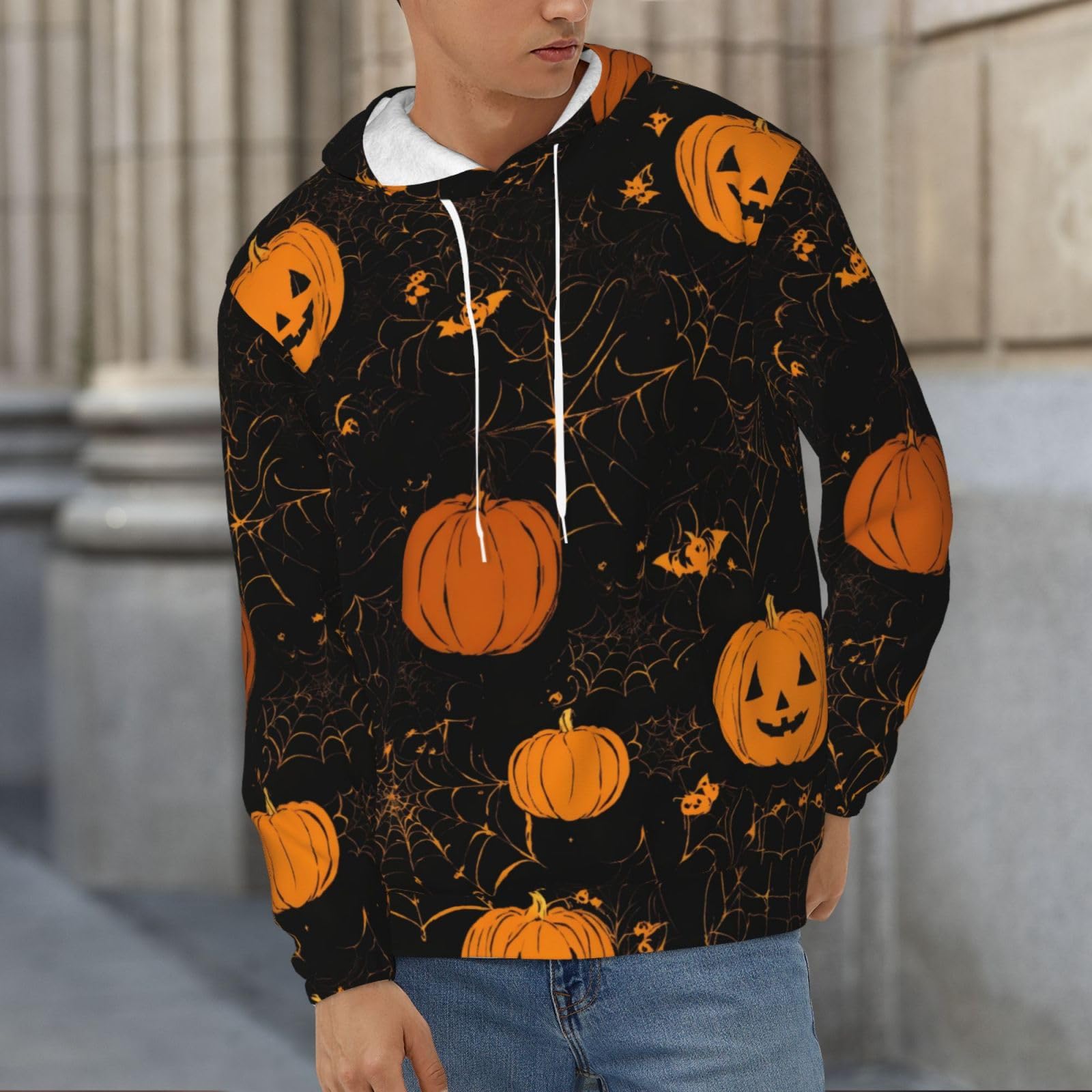 Męska bluza z kapturem z nadrukiem dyni na Halloween, casualowa grafika z nadrukiem bluzy z kapturem z kieszenią