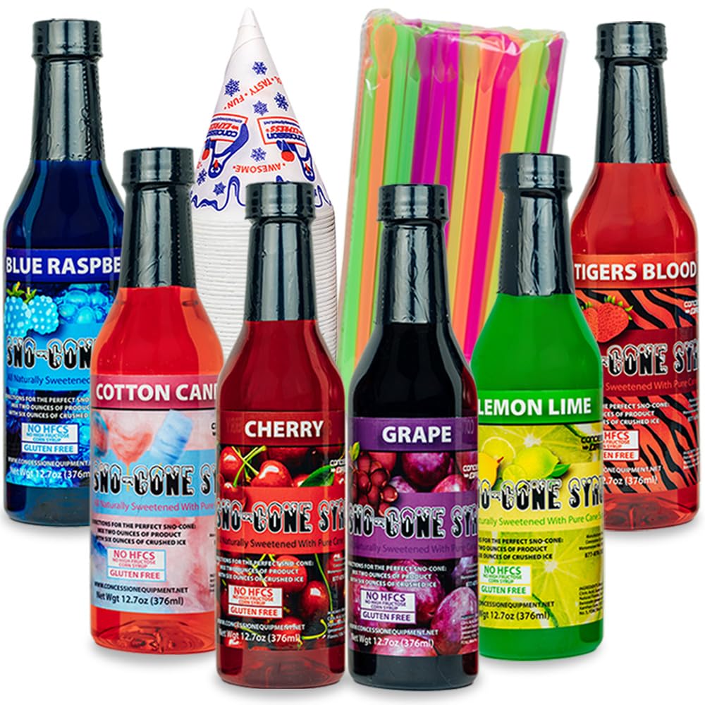 Concession Express® Pure Cane Sugar Sno Cone Syrup Party Kit – 6 Flavors (Blue Raspberry, Cherry, Cotton Candy, Grape, Lemon-Lime & Tiger’s Blood),