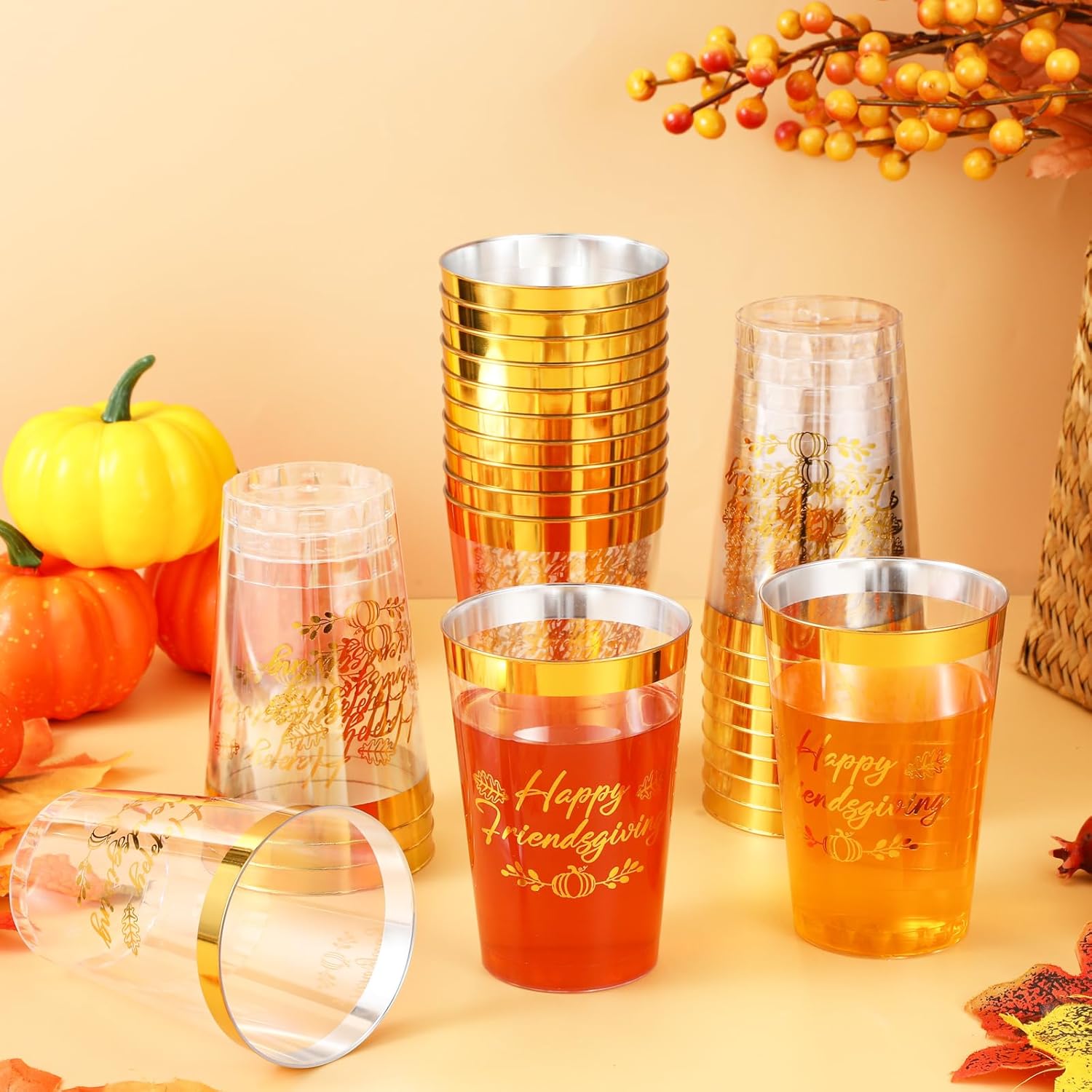 Potchen 24 Pcs Happy Friendsgiving Cups Friendsgiving Party Decoration 12oz Gold Foil Clear Plastic Disposable Drinking Cups for Thanksgiving Fall Pumpkin Autumn Party Supplies (Classic Style)