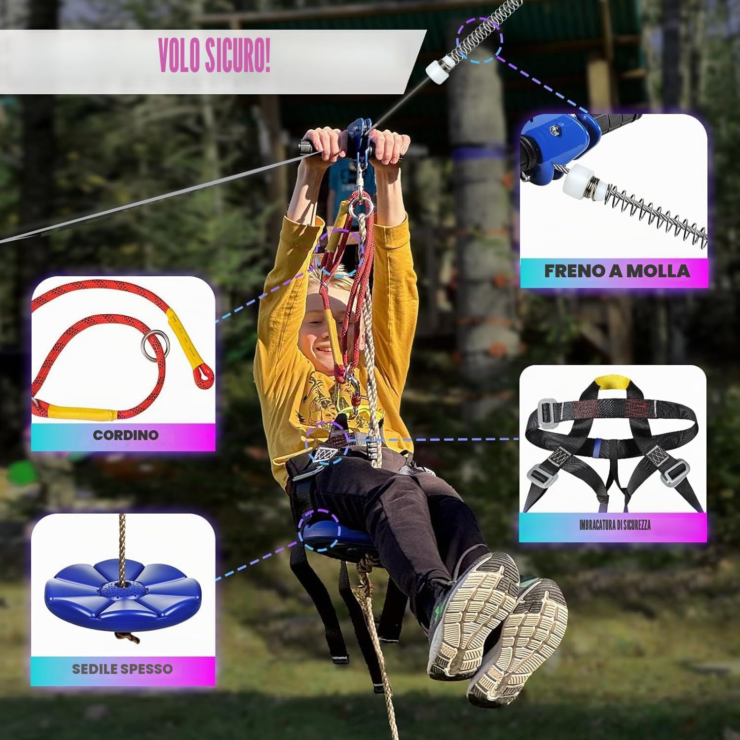 CTSC Set teleferica giocattolo da giardino per famiglie, teleferica per bambini esterni 25m, con freno a molla in acciaio inox, carrucola trolley, cintura di sicurezza, divertimento colorato e