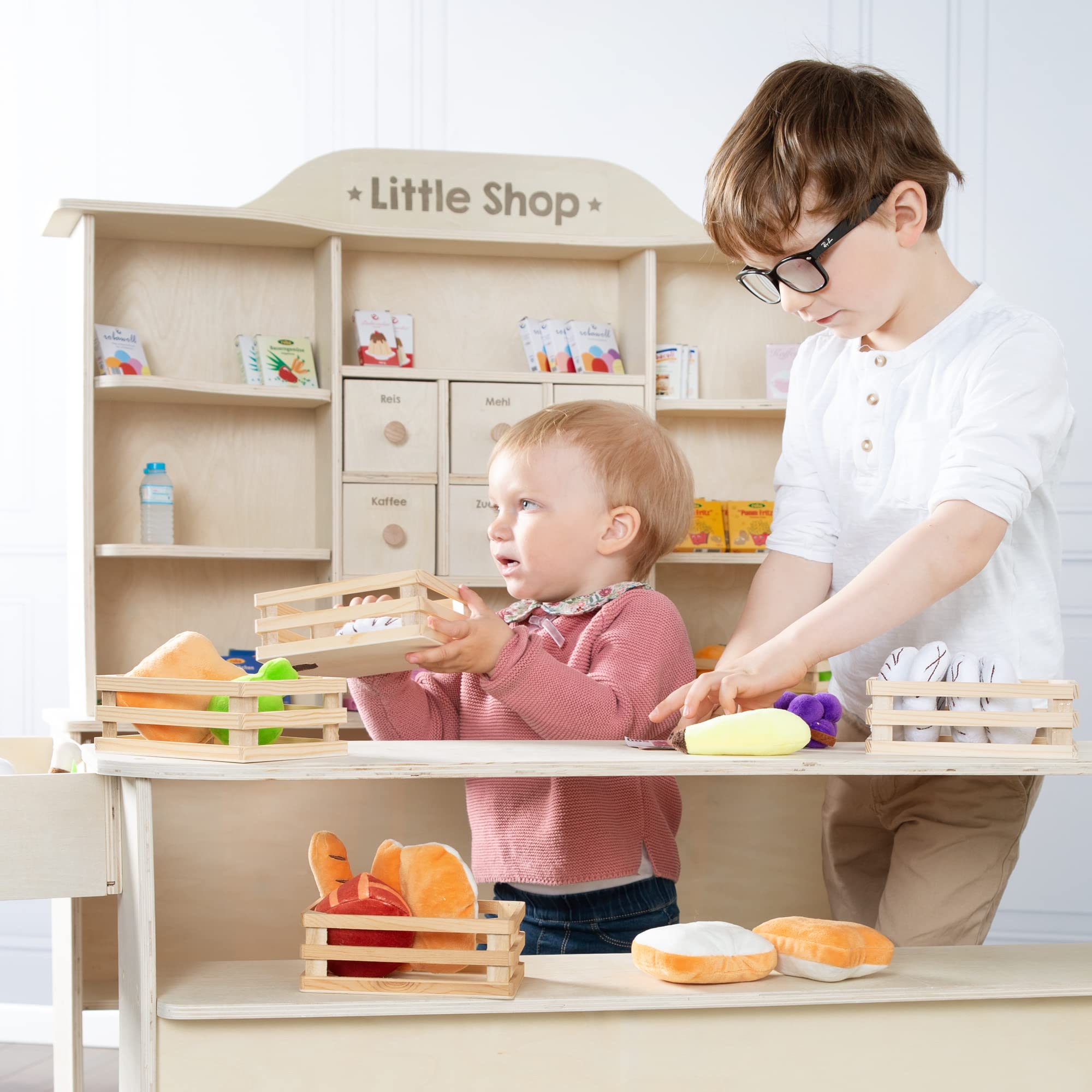 roba Kaufladen, großer Kinder Kaufmannsladen, inkl. Kaufladenzubehör, Holz natur, Verkaufsstand 6 Schubladen, Theke & Seitentheke