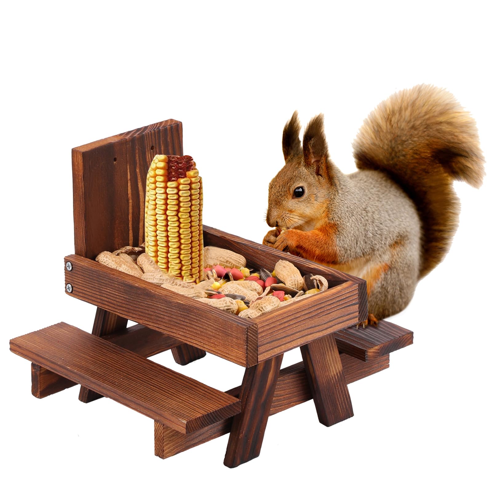 Squirrel Feeder Table with Umbrella - Wooden Funny Squirrel Picnic Table Feeder with Corn Cob Holder, Premium Gift for Squirrel and Chipmunk Lovers (Carbonized Wood Without Umbrella)