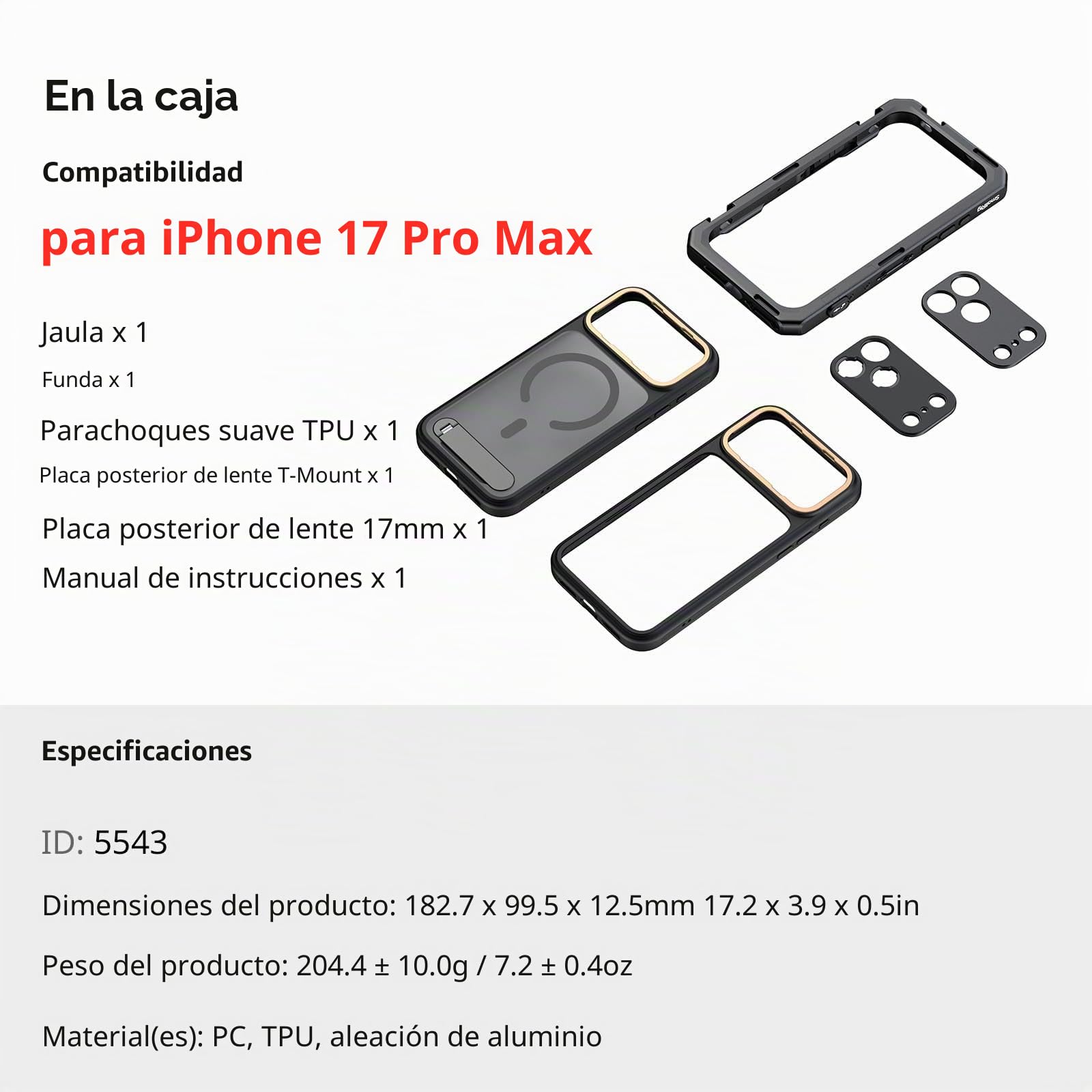 SMALLRIG Jaula para Video para iPhone 17 Pro MAX, con Funda TPU y Placas Traseras T-mount/17mm, Rig para Grabación y Vlog, Edición Flagship - 5543