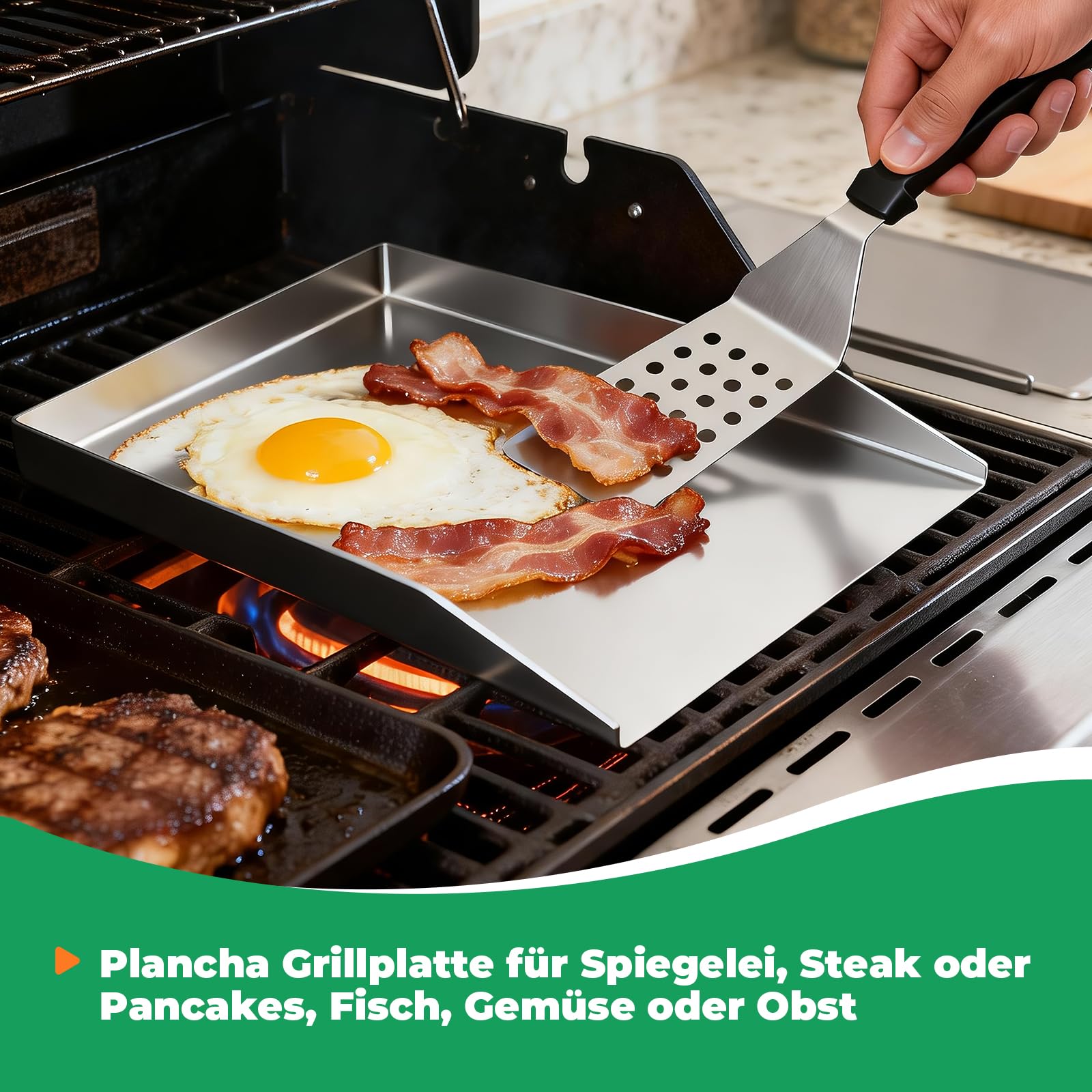 WELL GRILL 30x40CM Plancha Grillplatte mit Grillspachtel Schaber set, Massiv aus 4.2mm Universal BBQ Plancha Grill Grillplatte Edelstahl für die meisten Gasgrill und Holzkohlegrill