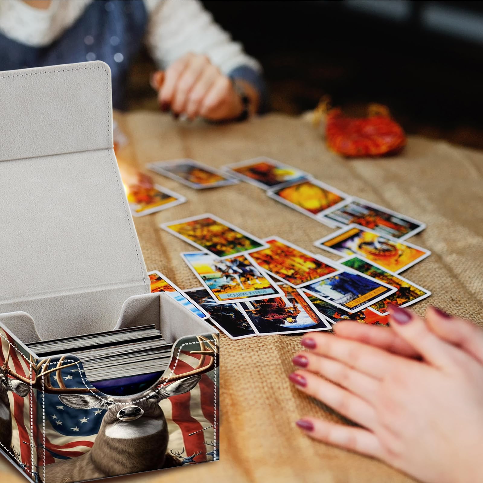 Amazon.com: Card Deck Box for MTG Cards,100+ Single Sleeved Cards Trading Card  Deck Case,Strong Magnet Magic Gathering Deck Box,PU Leather Trading Card  Storage Box for TCG,CCG,MTG Cards,American Flag Deers : Toys &