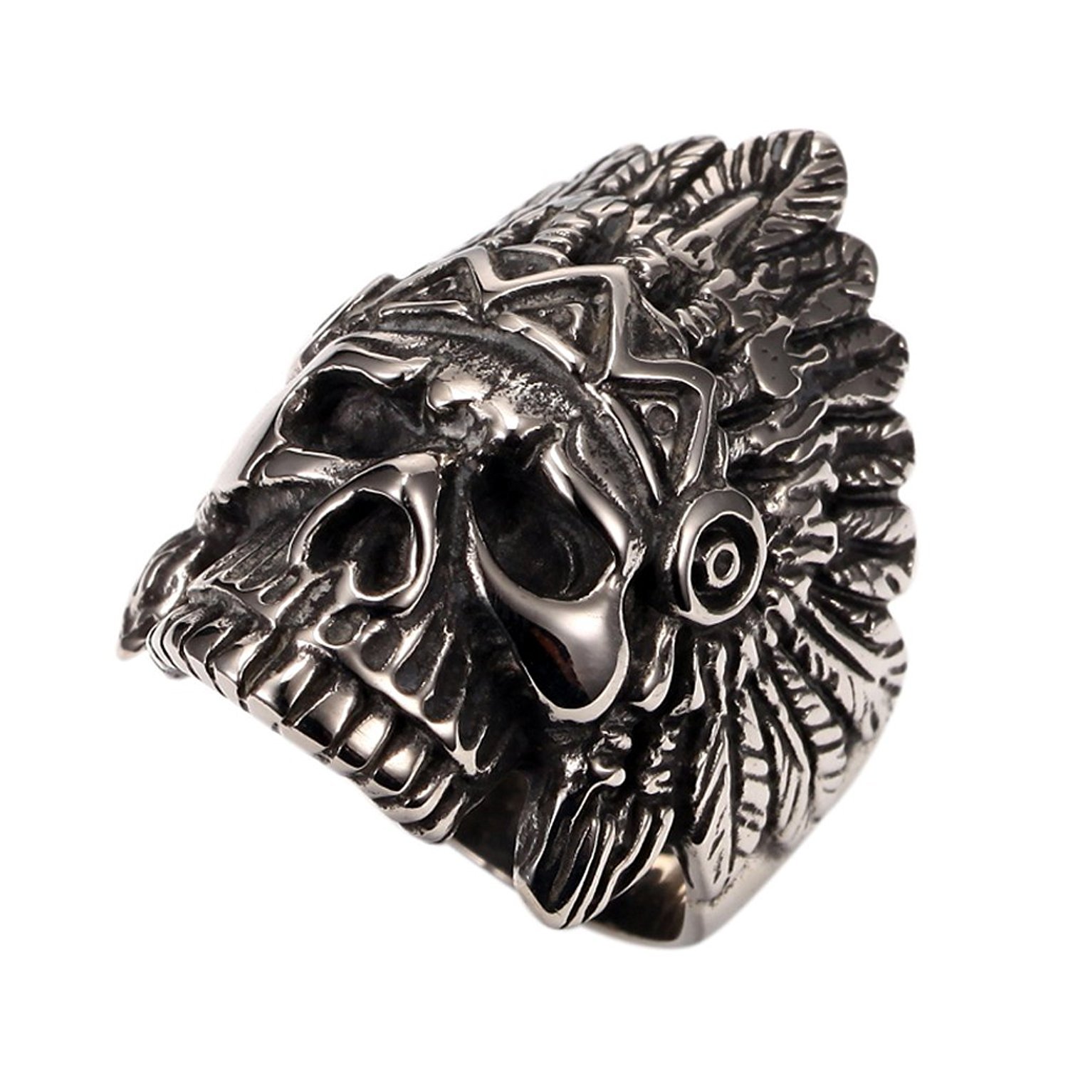 PAURO Cool Feather Dayak Indian Headdress Punk Skull Stainless Steel Mens Ring